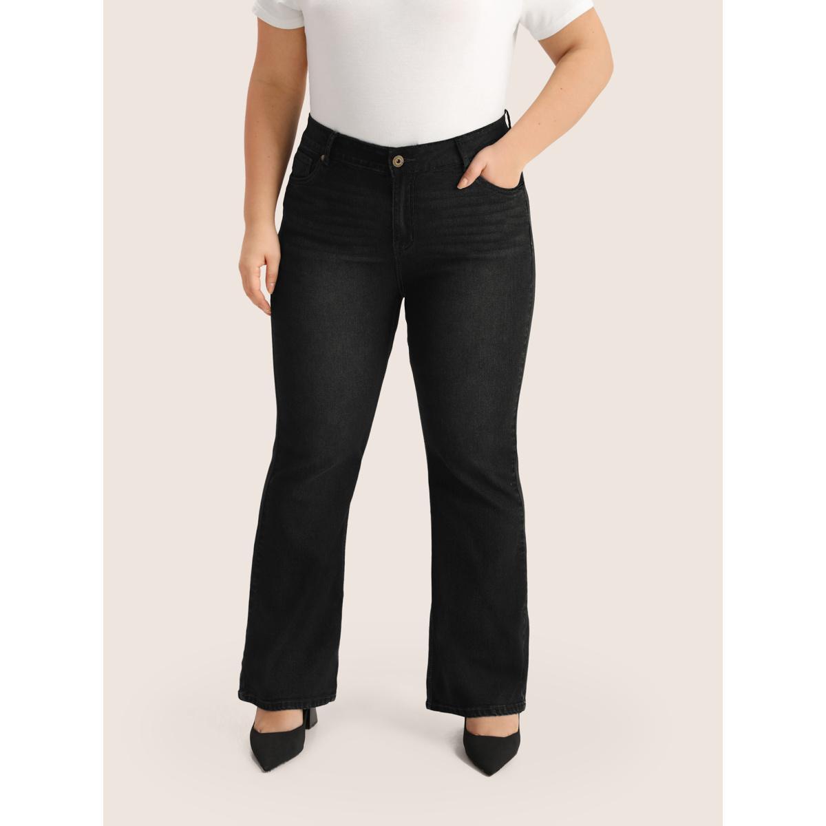 Plus Size Plain Bootcut Pocket Zipper Fly Jeans Women Black Casual Plain Non High stretch Slanted pocket Jeans BloomChic 14/1X Product Image