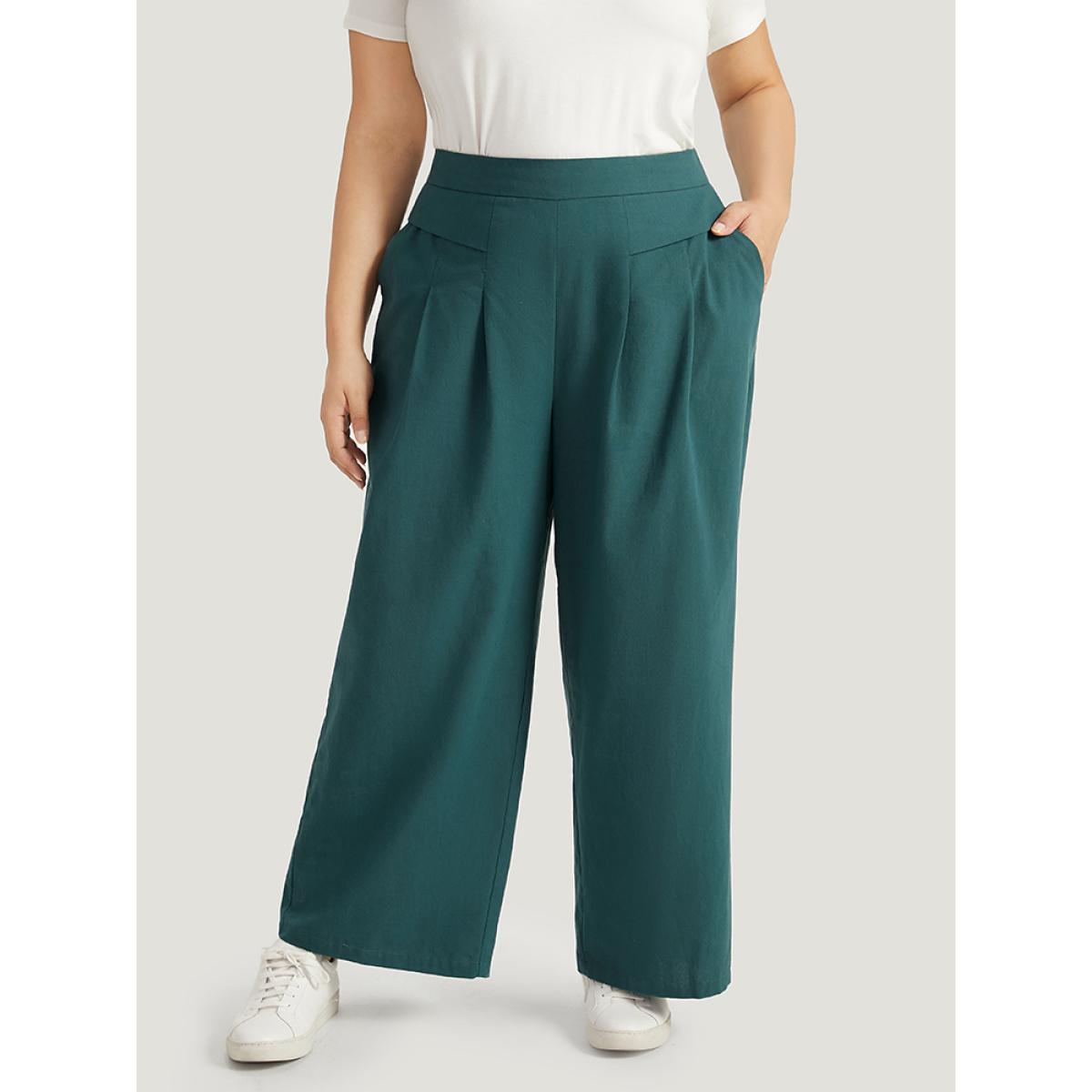 Plus Size Plain Pocket Elastic Waist Plicated Detail Pants Women Cyan Casual Straight Leg High Rise Everyday Pants BloomChic 12/L Product Image