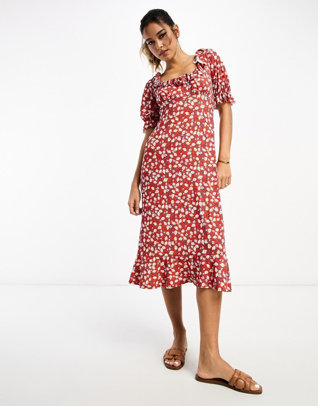 River Island ruffle neck midi tea dress Product Image
