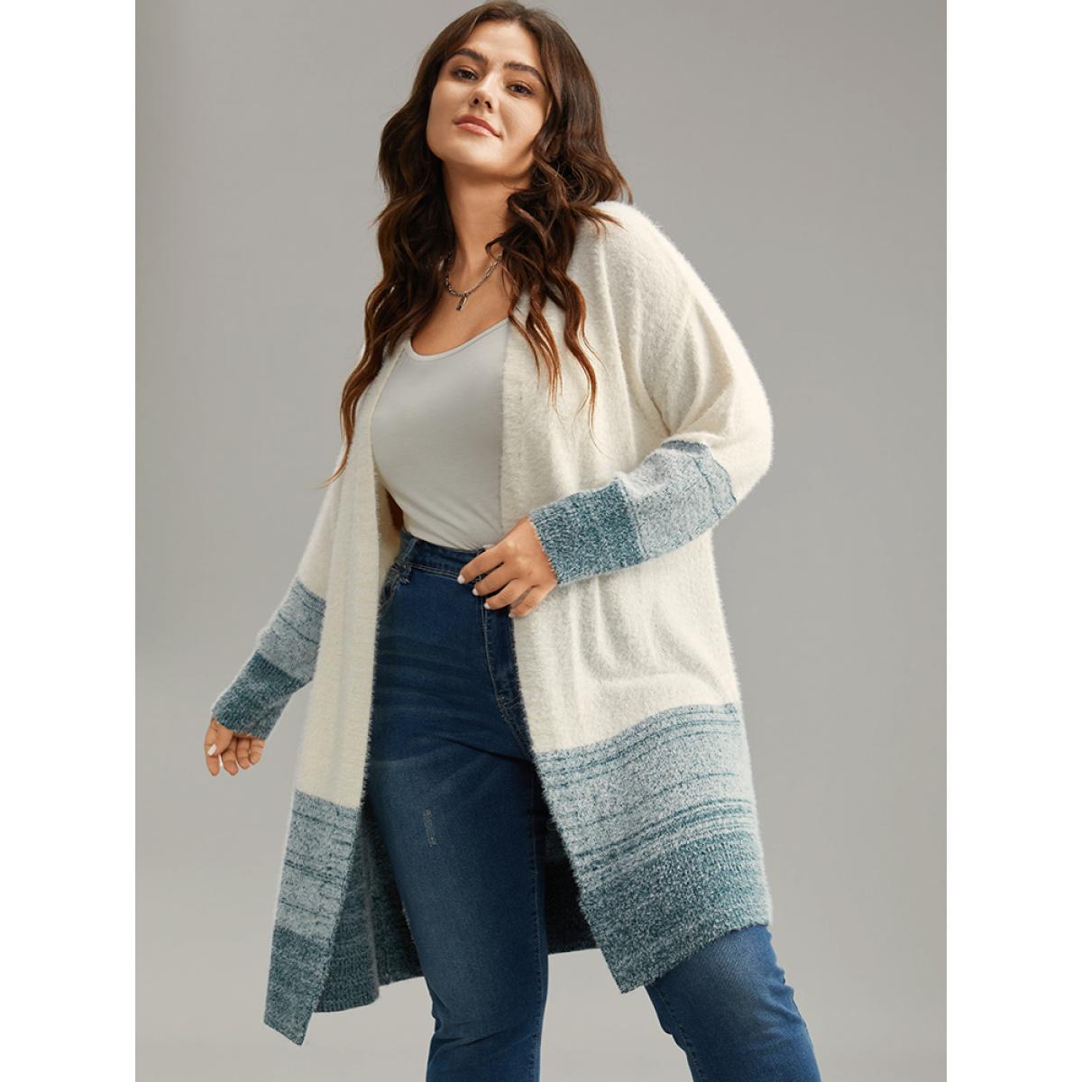 Plus Size Colorblock Contrast Heather Open Front Cardigan White Women Casual Loose Long Sleeve Dailywear Cardigans BloomChic 18-20/2X Product Image