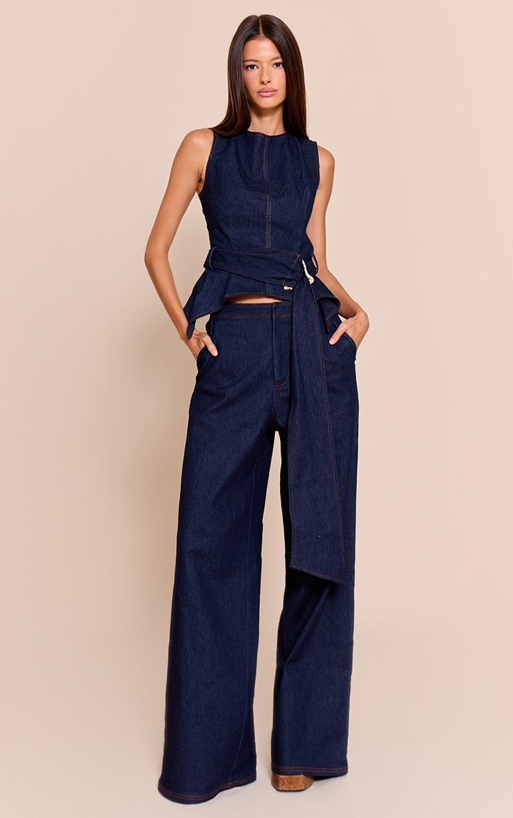 Indigo Blue Chambray Denim Belted Trim Detail Peplum Top Product Image