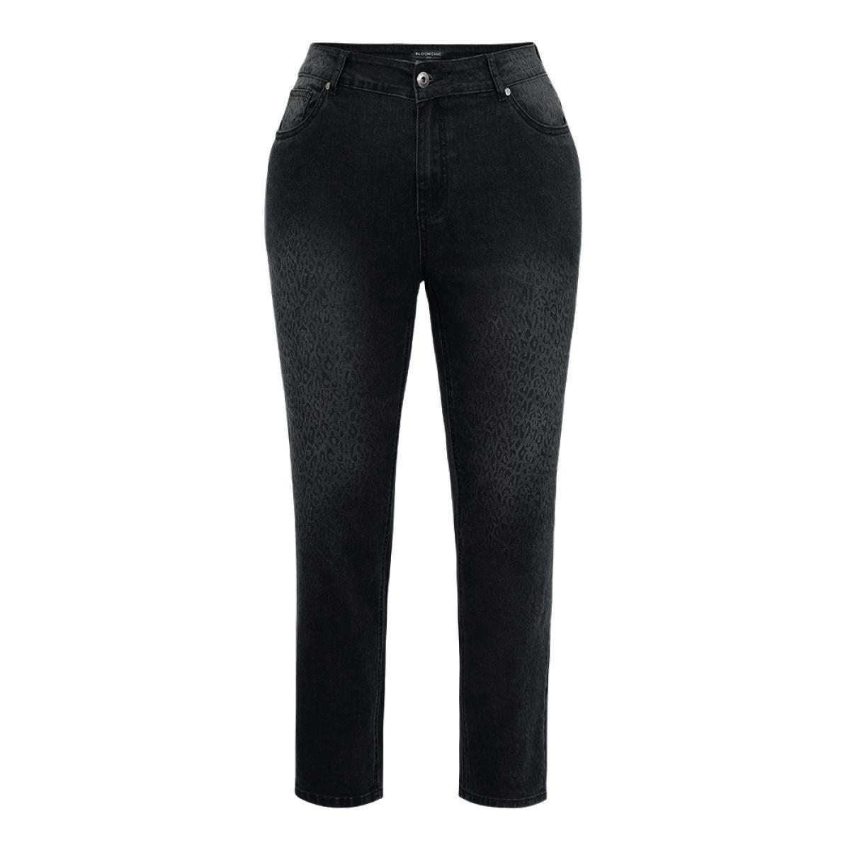 Plus Size Leopard High Stretch Skinny Jeans Women Black Casual Leopard Zipper High stretch Pocket Jeans BloomChic 14/1X Product Image
