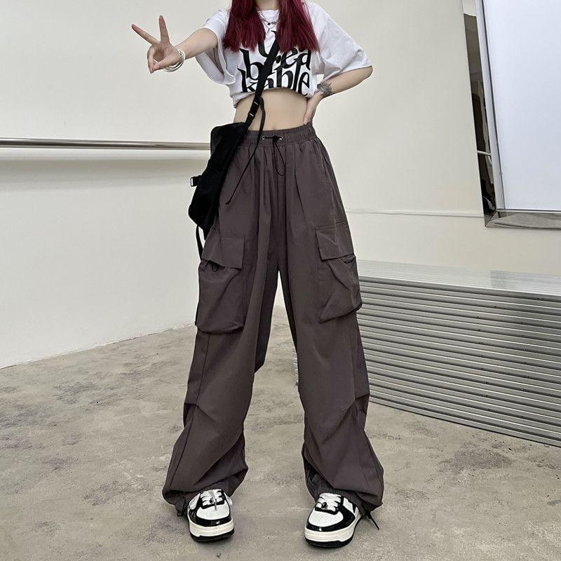 High Waist Pocket Loose-Fit Wide-Leg Cargo Pants Product Image