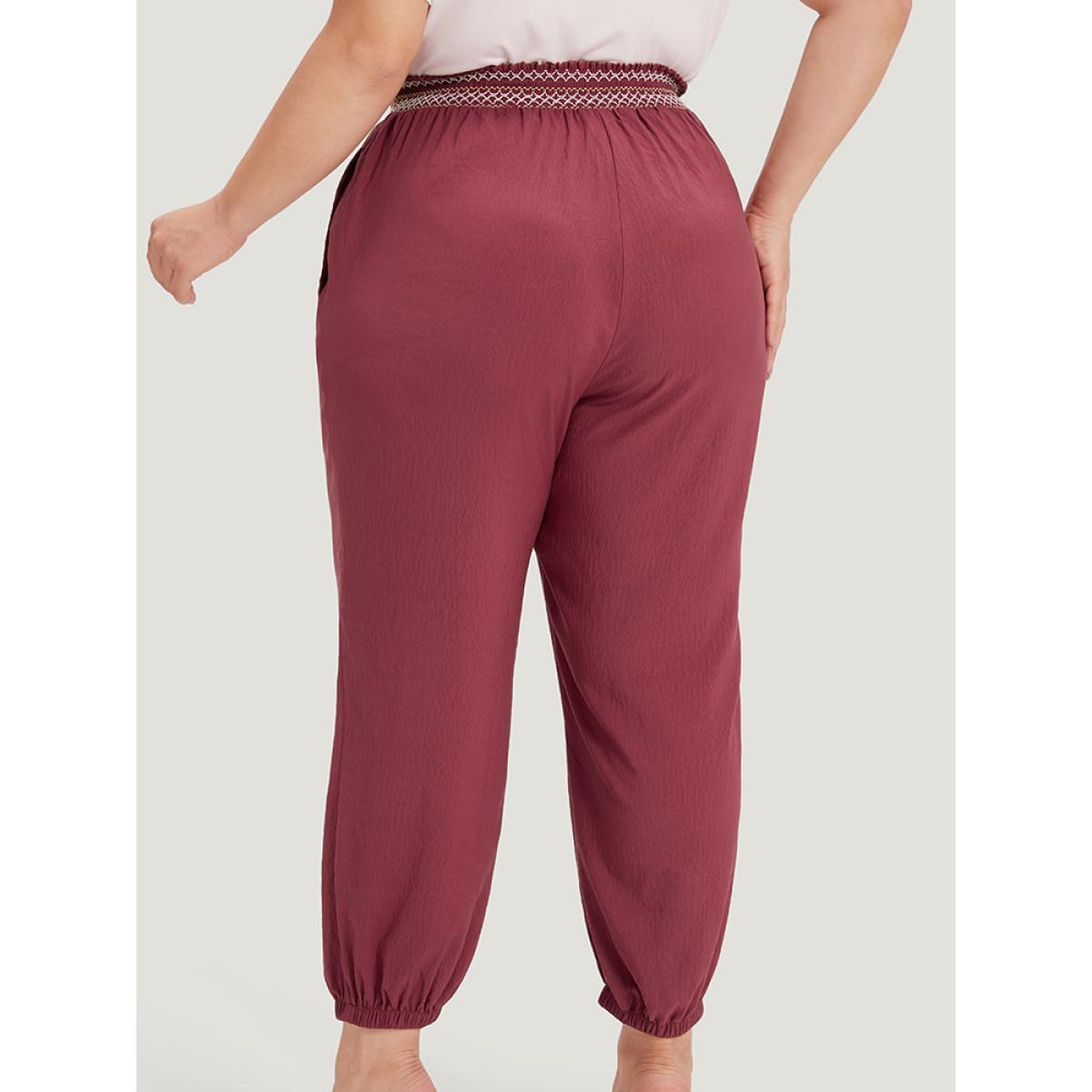 Plus Size Contrast Pocket Shirred Paperbag Waist Carrot Pants Women Burgundy Elegant High Rise Dailywear Pants BloomChic 26/4X Product Image