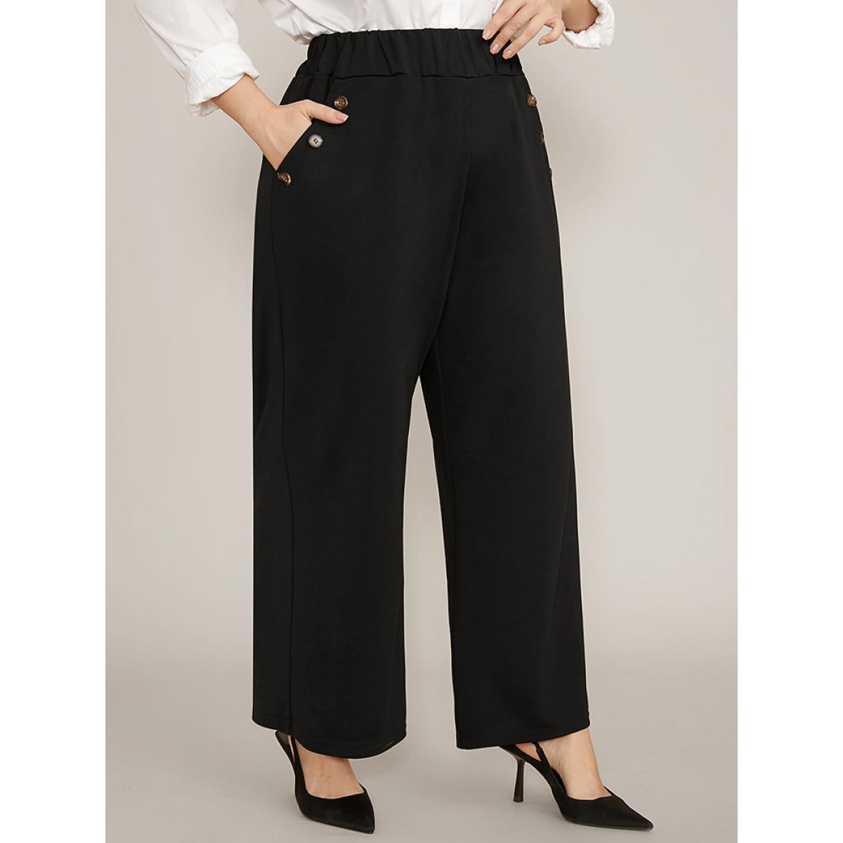 Plus Size Solid Elastic Waist Button Detail Pocket Wide Leg Pants Women Black Office Wide Leg High Rise Work Pants BloomChic 26/4X Product Image