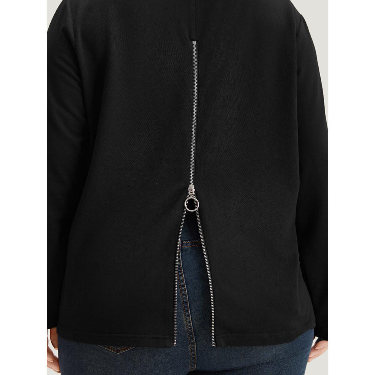 Plus Size Plain V Neck Back Half Zip Sweatshirt Women Black Casual Plain V-neck Dailywear Sweatshirts BloomChic 18-20/2X Product Image