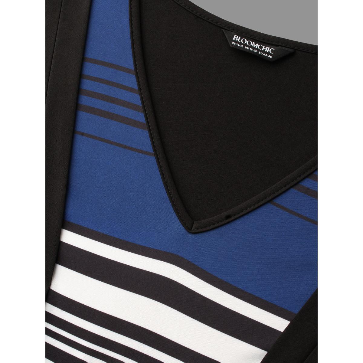 Plus Size Striped Patchwork Contrast Knit Dress Black Women Elegant Contrast Knit Dresses Bloomchic 18-20/2X Product Image