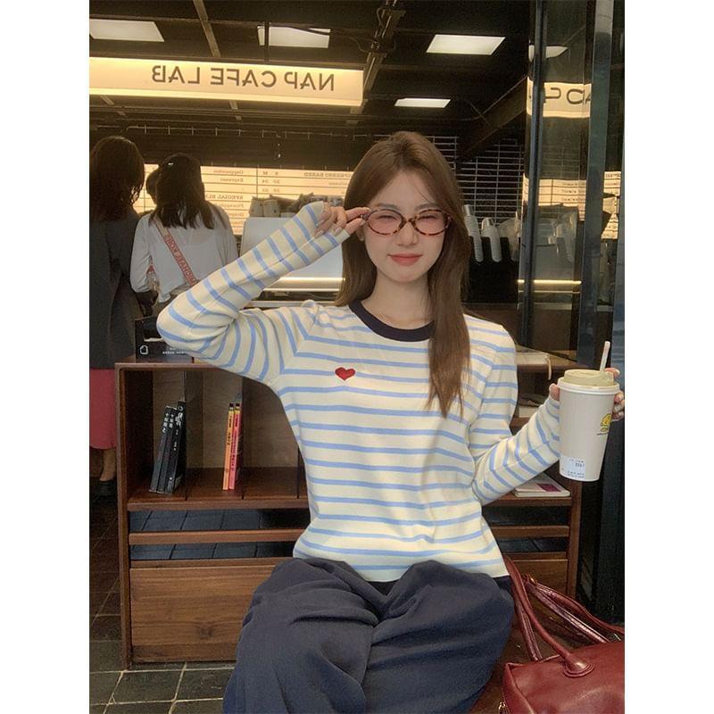Long-Sleeve Round Neck Striped Embroidered Contrast Trim Knit Top Product Image