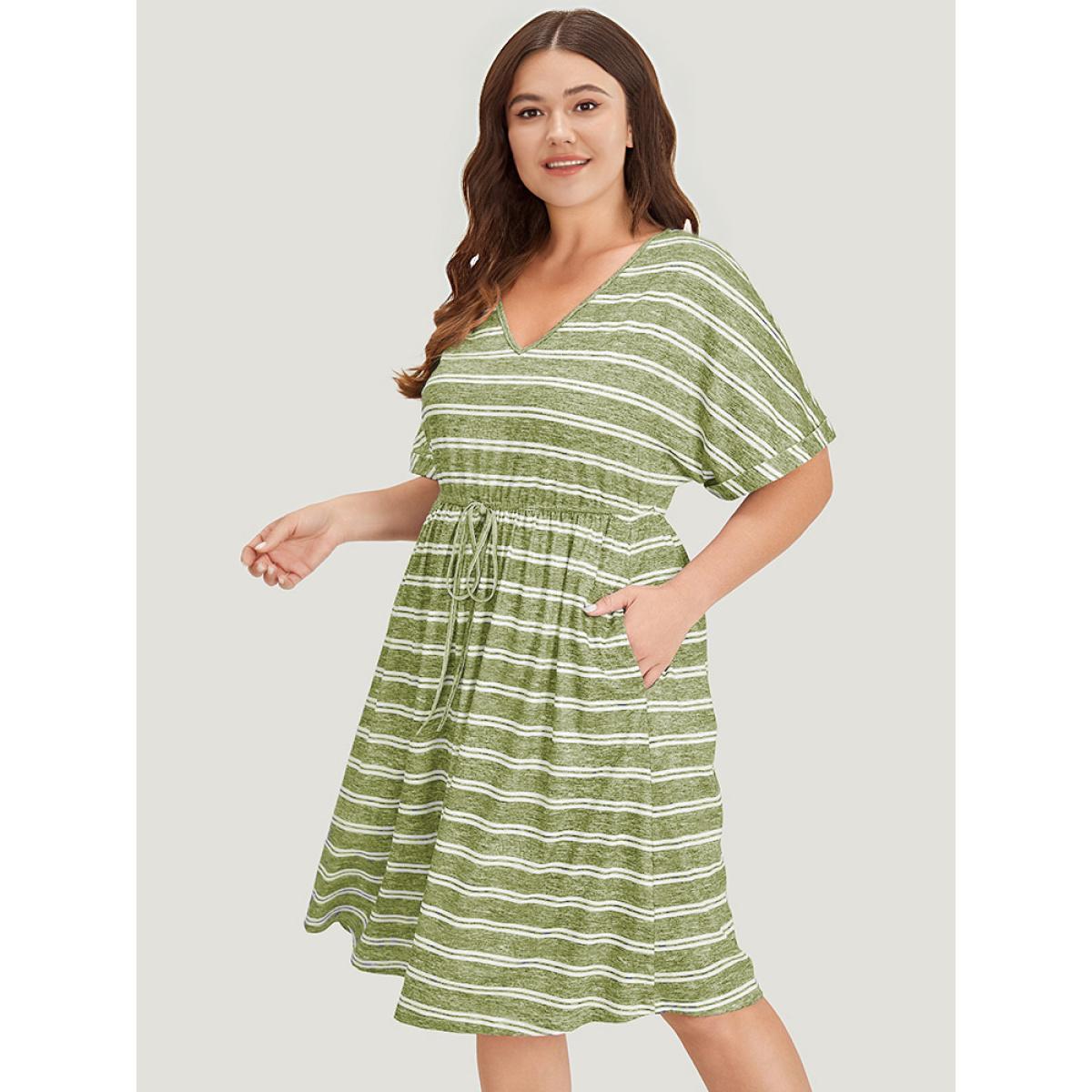 Plus Size Striped Ties Pocket Roll sleeve Dress LightGreen Women Casual Cross straps V-neck Short sleeve Curvy Midi Dress BloomChic 26/4X Product Image