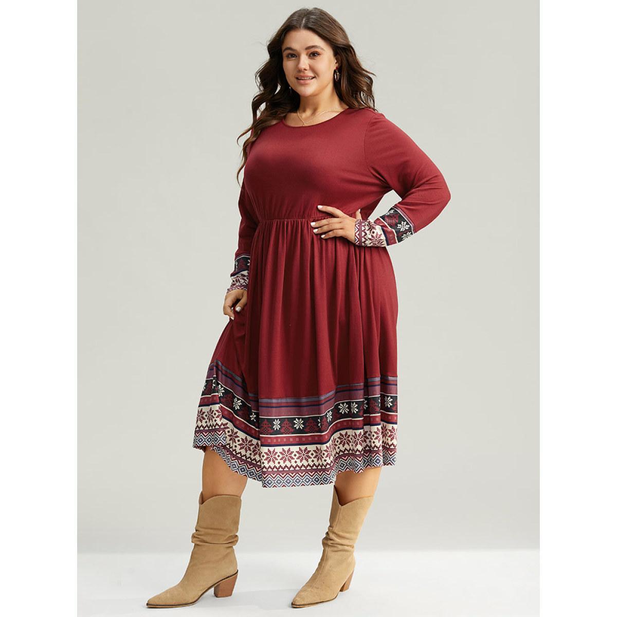 Plus Size Christmas Boho Print Patchwork Elastic Waist Dress Raspberry Women Casual Gathered Round Neck Long Sleeve Curvy Midi Dress BloomChic 10/M Product Image