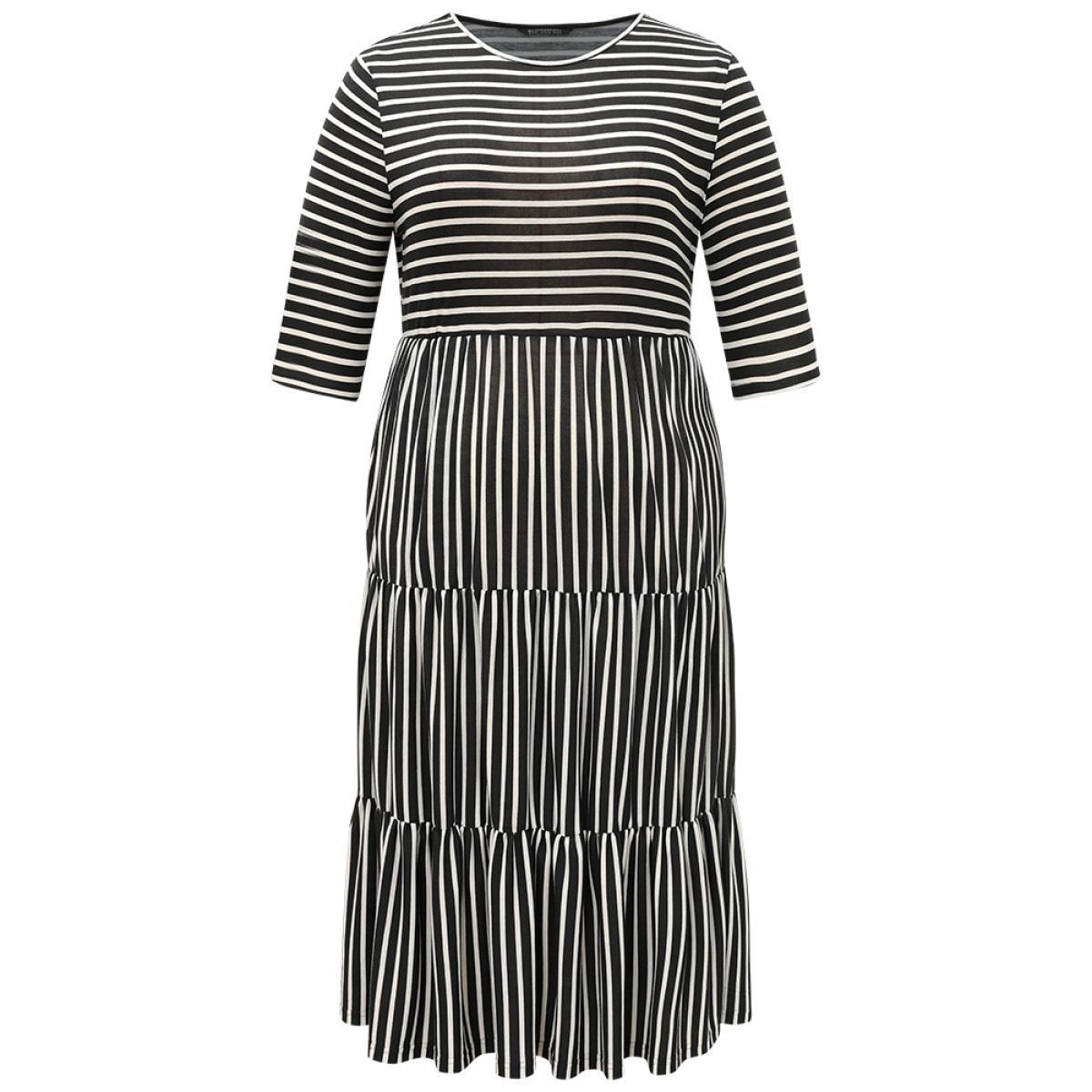 Plus Size Striped Crew Neck Ruffle Layered Hem Dress Black Women Casual Printed Round Neck Half Sleeve Curvy Midi Dress BloomChic 10/M Product Image