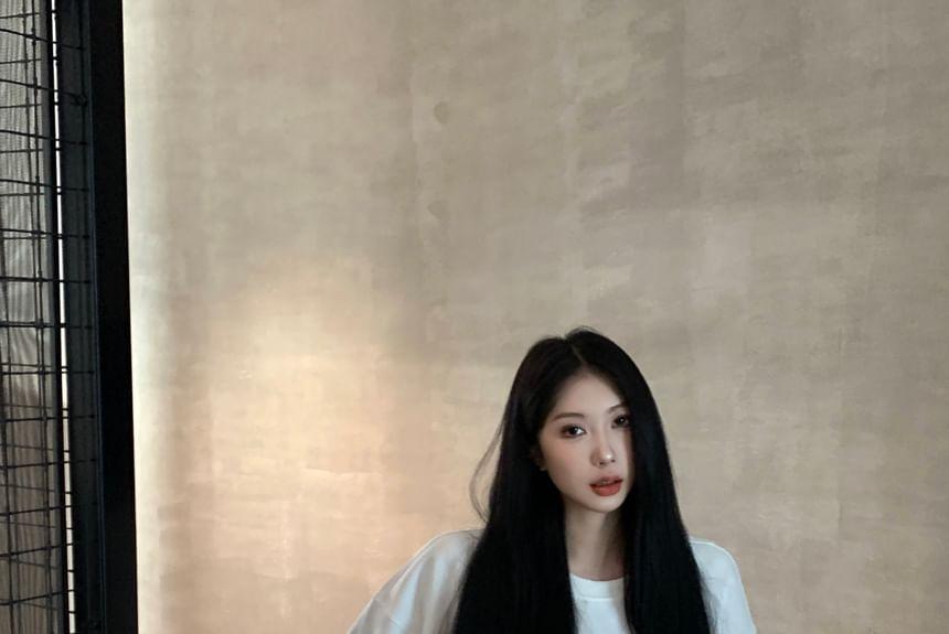 Round Neck Plain Pullover / Drawstring Waist Loose Fit Pants Product Image
