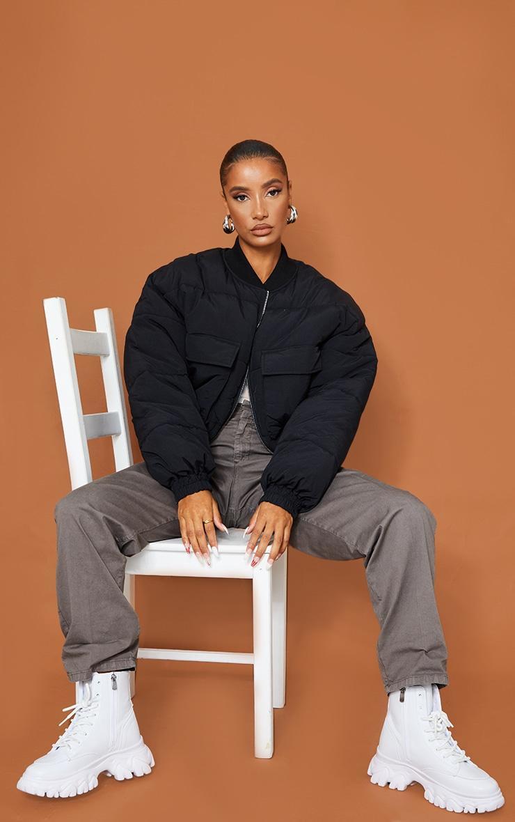 Black Nylon Pocket Front Panel Sleeve Oversized Bomber Jacket Product Image