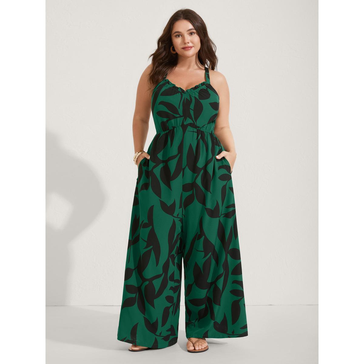 Plus Size Emerald Silhouette Floral Print Sweetheart Jumpsuit Women Sleeveless V-neck Everyday-Elegant Loose Jumpsuits BloomChic 12/L Product Image