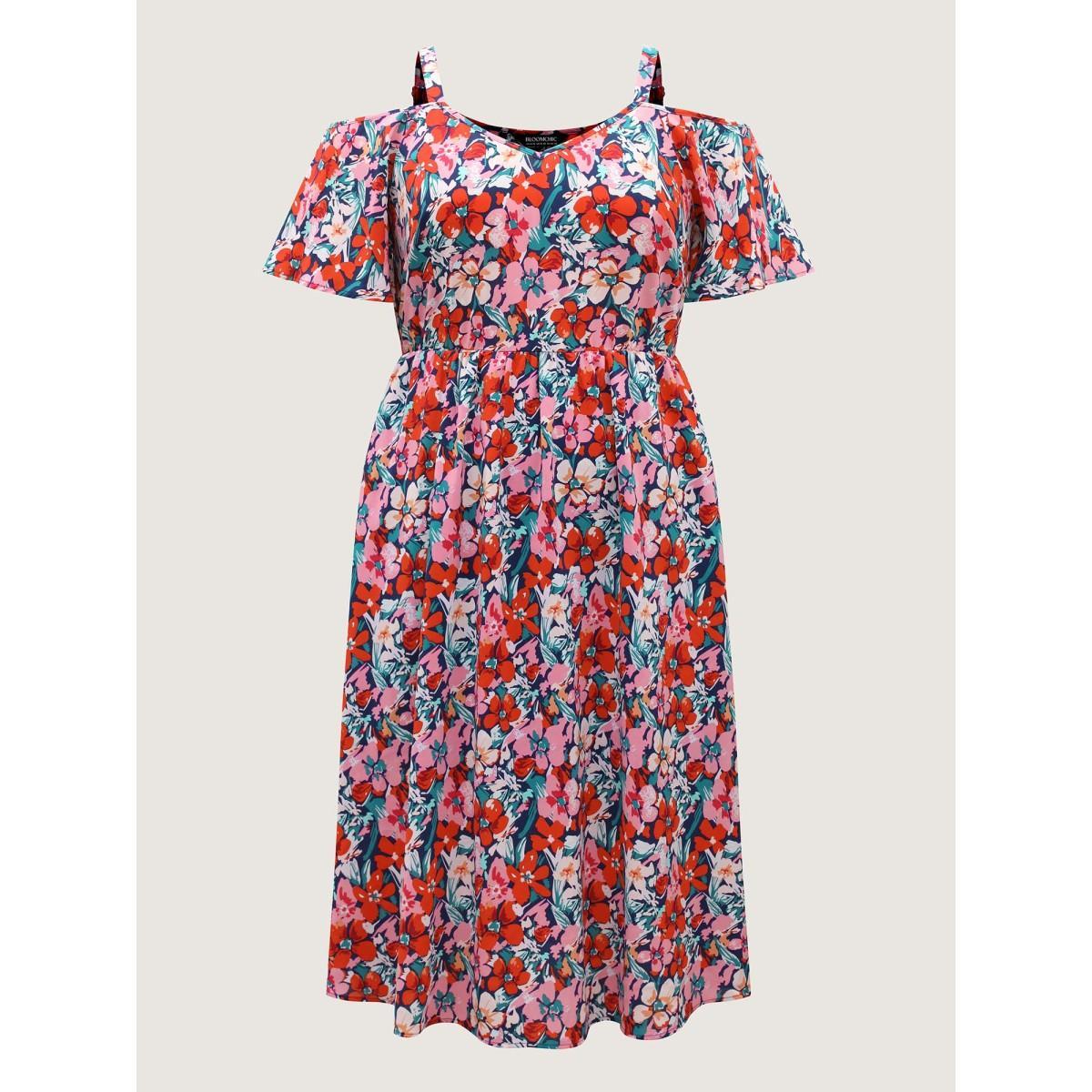 Plus Size Floral Print Off-Shoulder Pockets Midi Dress DarkBlue Women Heart neckline Short sleeve Curvy BloomChic 14-16/1X Product Image