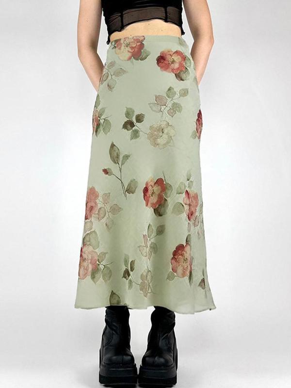 French Small Fresh Floral Print Maxi Skirt Product Image