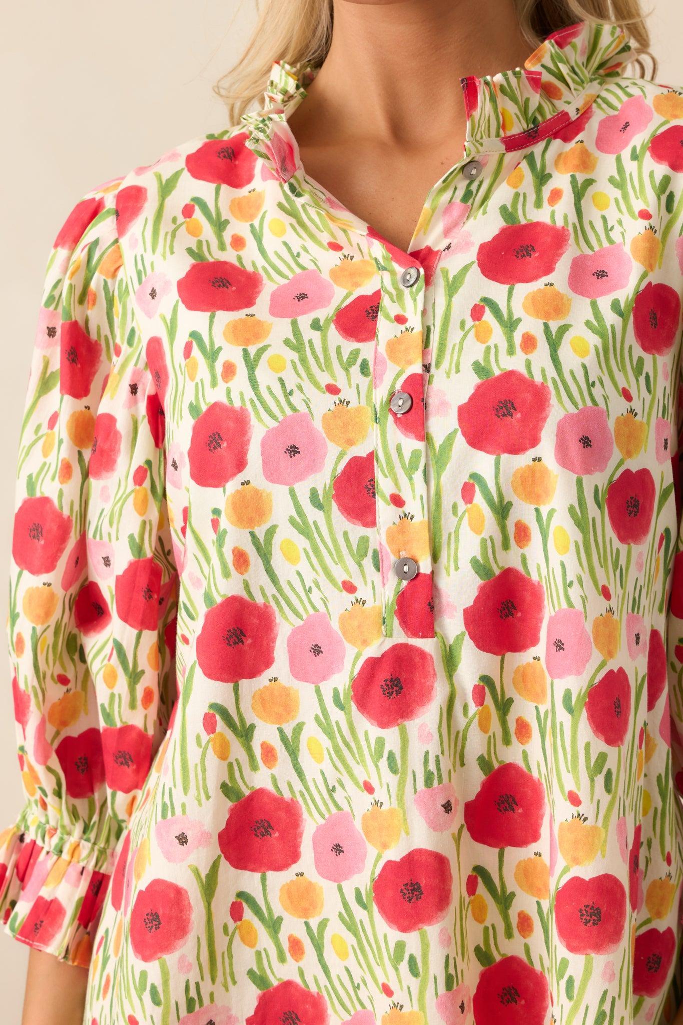 Rose Garden Cotton Red Floral Mini Dress Product Image