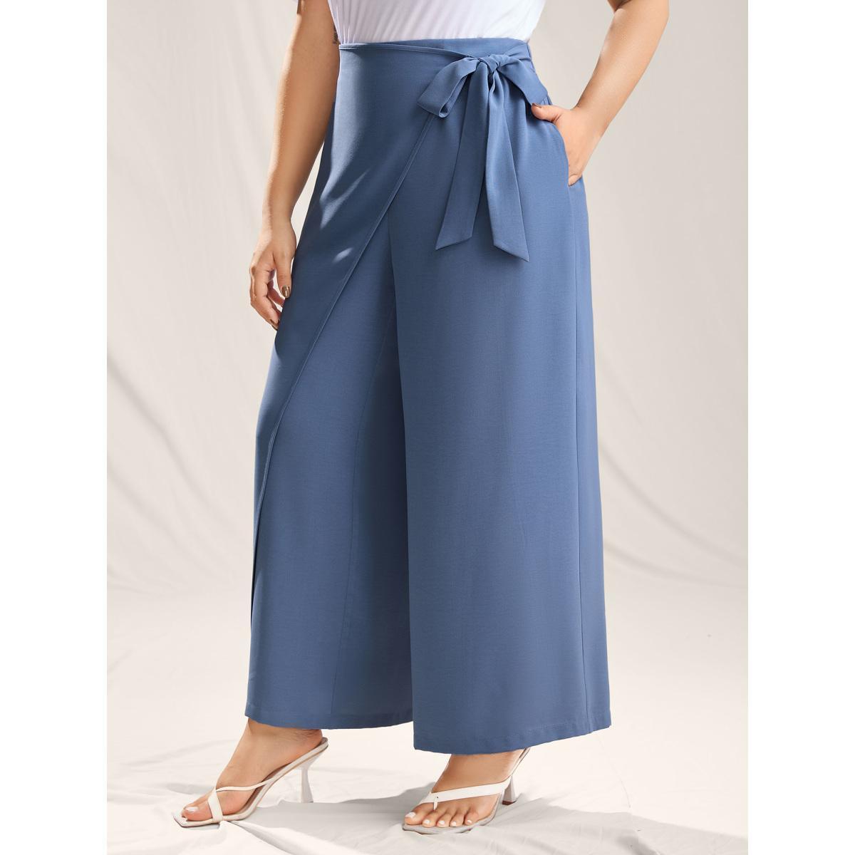 Plus Size Belted Wrap Detail Wide-Leg Pants Women Stone Elegant Wide Leg Mid Rise Everyday-Elegant Pants BloomChic 12/L Product Image