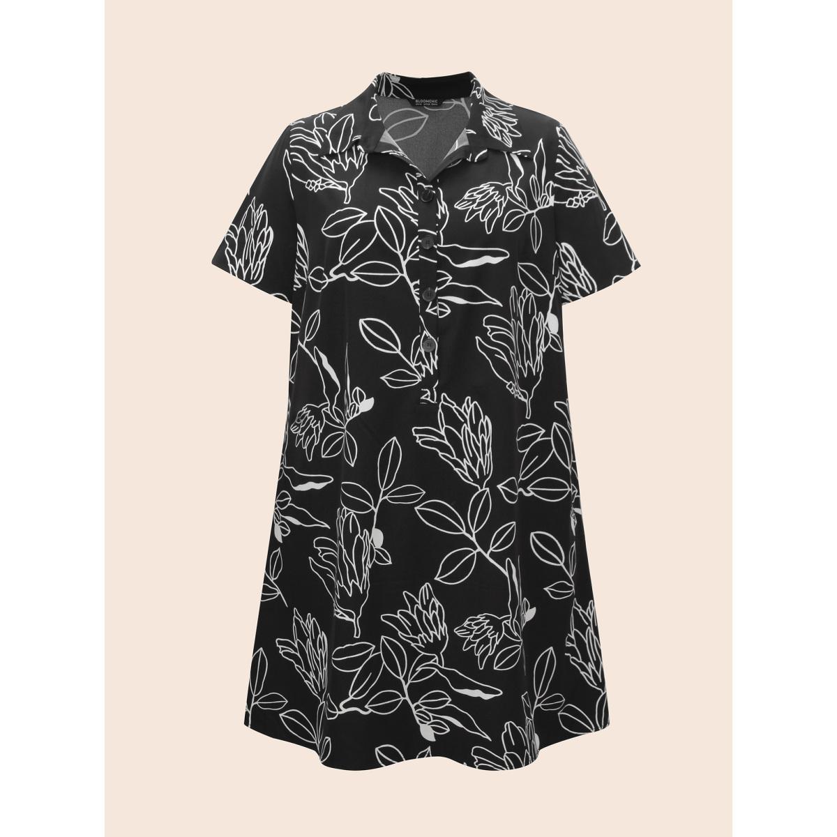 Plus Size Floral Shirt Collar Button Up Dress Black Women Elegant Button Shirt collar Short sleeve Curvy BloomChic 14-16/1X Product Image