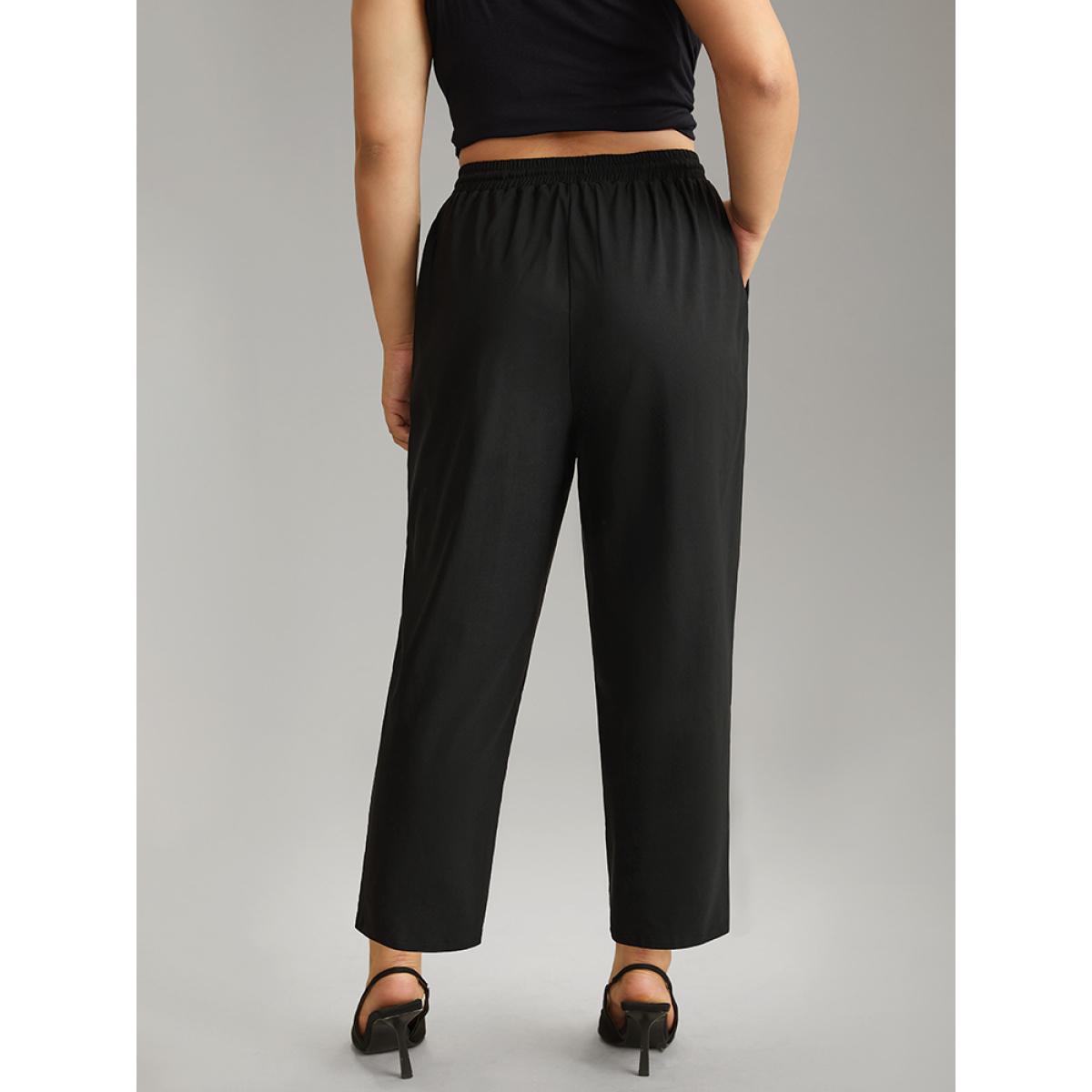 Plus Size Solid Drawstring Pocket Elastic Waist Pants Women Black Casual Straight Leg High Rise Dailywear Pants BloomChic 30/6X Product Image