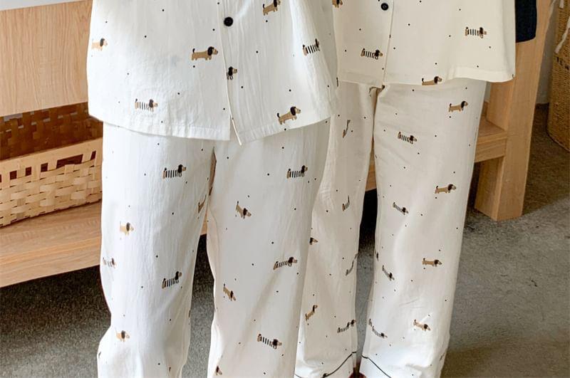 Couple Matching Pajama Set: Long-Sleeve Lapel Collar Dog Print Button-Up Top + Pants (Various Designs) Product Image