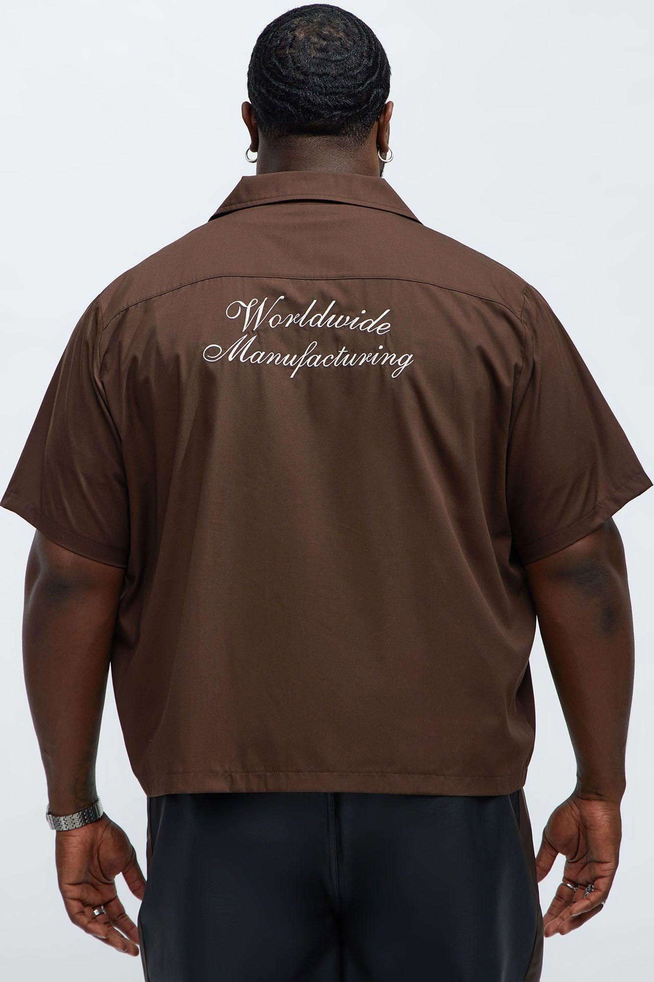 Cropped Worldwide Manufacturing Button Up Shirt - Dark Brown Product Image
