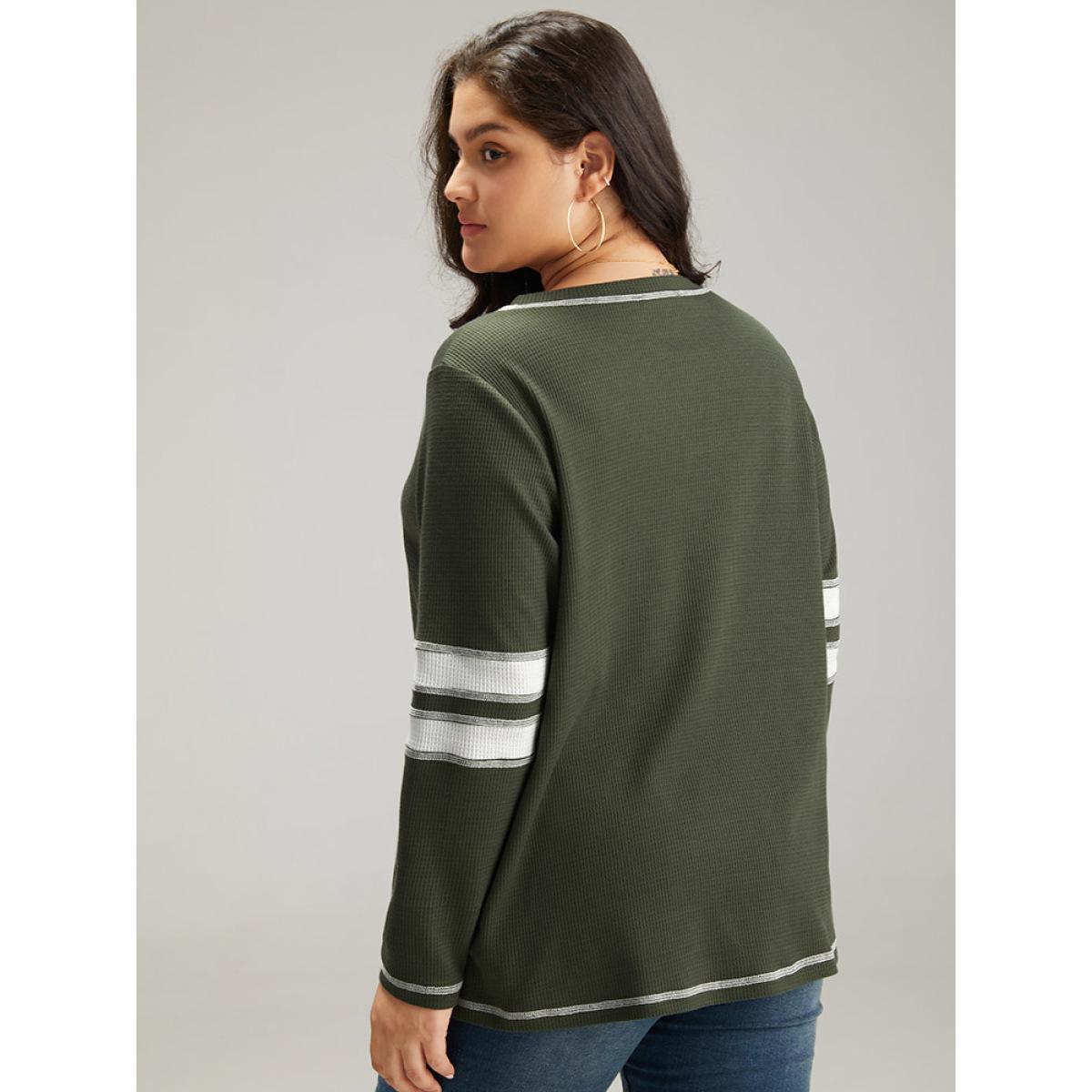 Plus Size Waffle Knit Striped Contrast Stitch T-shirt Green Women Casual Contrast Striped Round Neck Dailywear T-shirts BloomChic 22-24/3X Product Image