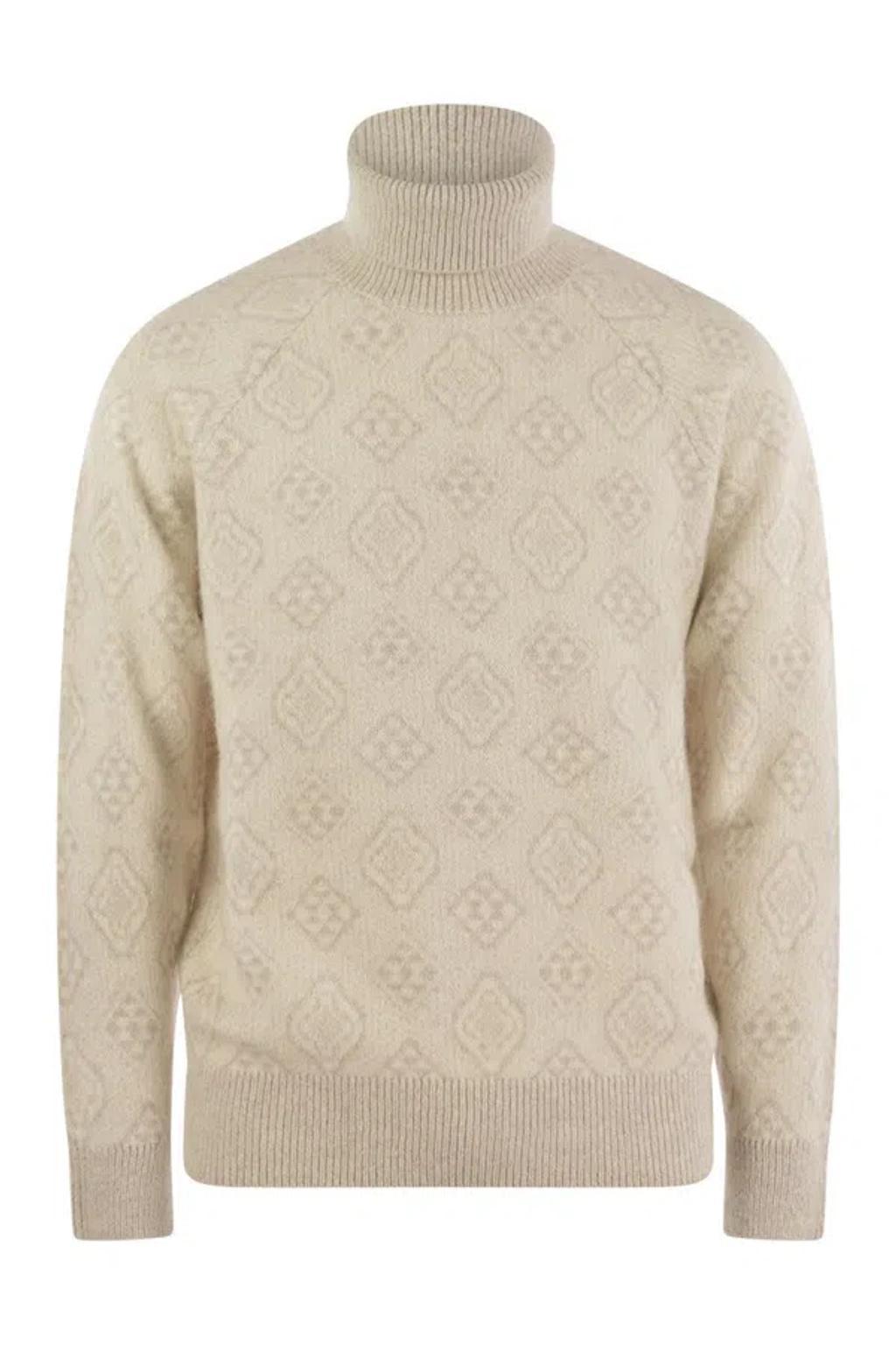 BRUNELLO CUCINELLI White Intarsia Knit Roll Neck Sweater Product Image