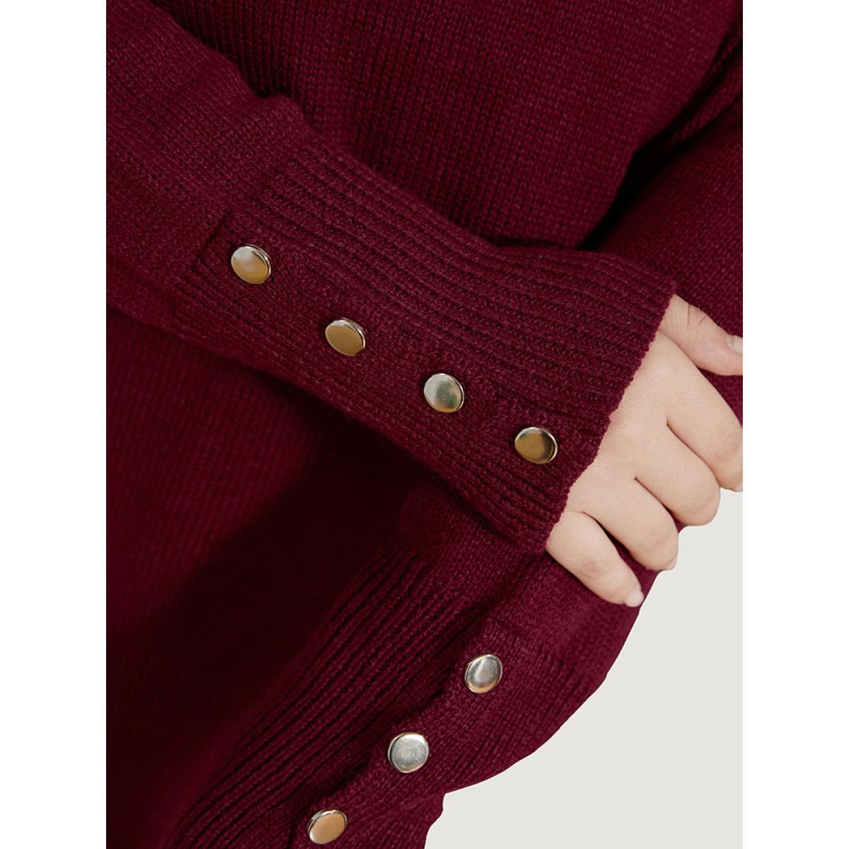 Plus Size Solid Pointelle Knit Button Detail Funnel Neck Knit Top Scarlet Women Casual Loose Long Sleeve Turtleneck Dailywear Pullovers BloomChic 22-24/3X Product Image