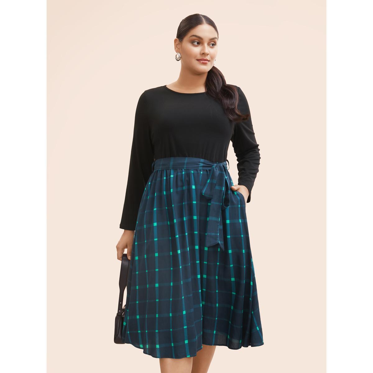 Plus Size Plaid Patchwork Belted Midi Dress Navy Women At the Office Belted Round Neck Long Sleeve Curvy BloomChic 14-16/1X Product Image