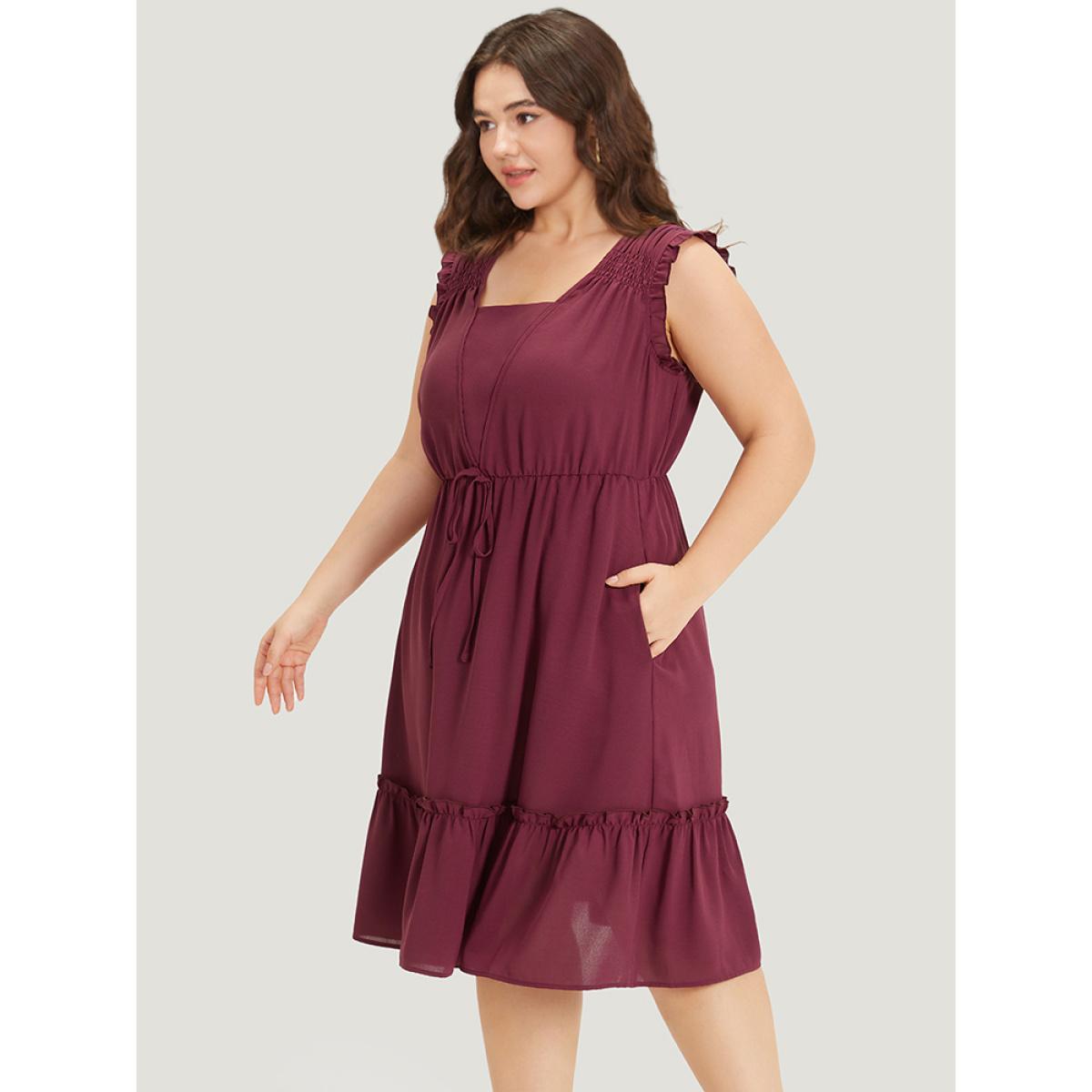 Plus Size Plain Frill Trim Gathered Ties Square Neck Tank Dress Burgundy Women Elegant Plain Square Neck Sleeveless Curvy Midi Dress BloomChic 28/5X Product Image