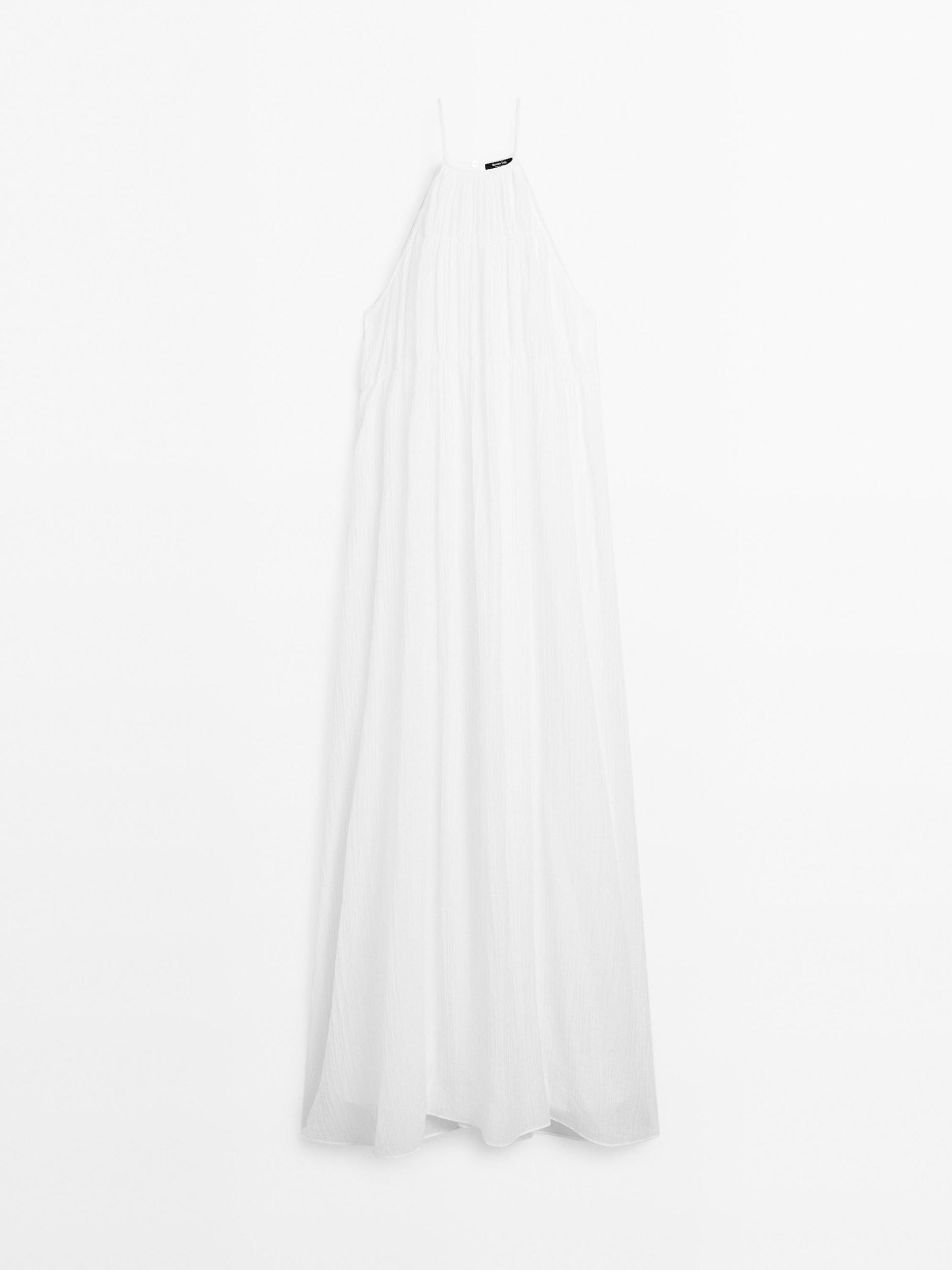 Long pleated dress with gathered detail Product Image