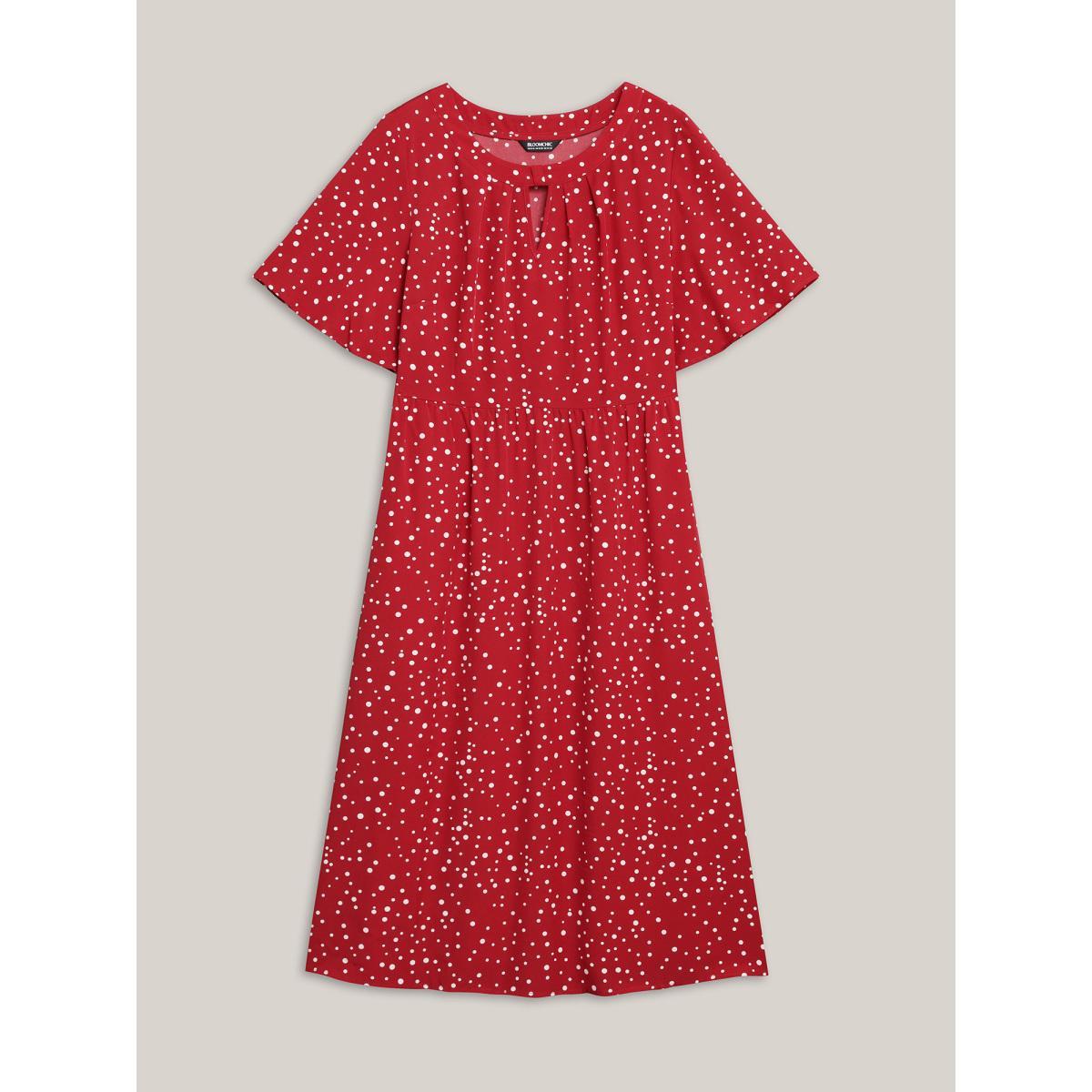 Plus Size Polka Dots Print Cut-Out Flutter Sleeve Midi Dress Scarlet Women Elegant Pleated Round Neck Short sleeve Curvy BloomChic 28/5X Product Image