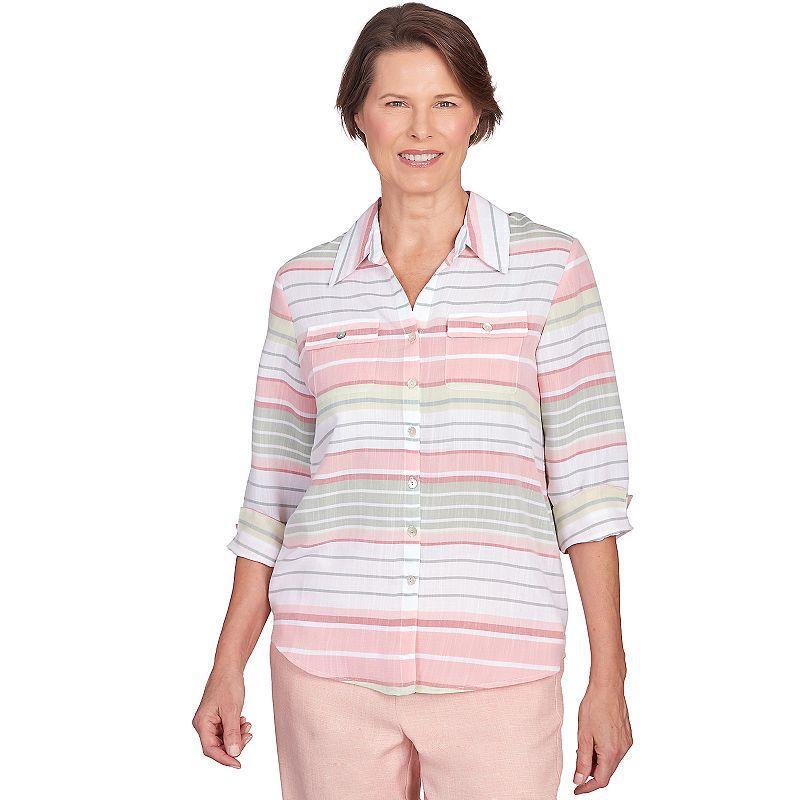 Alfred Dunner Womens English Garden Stripe Split Sleeve Button Down Shirt Product Image