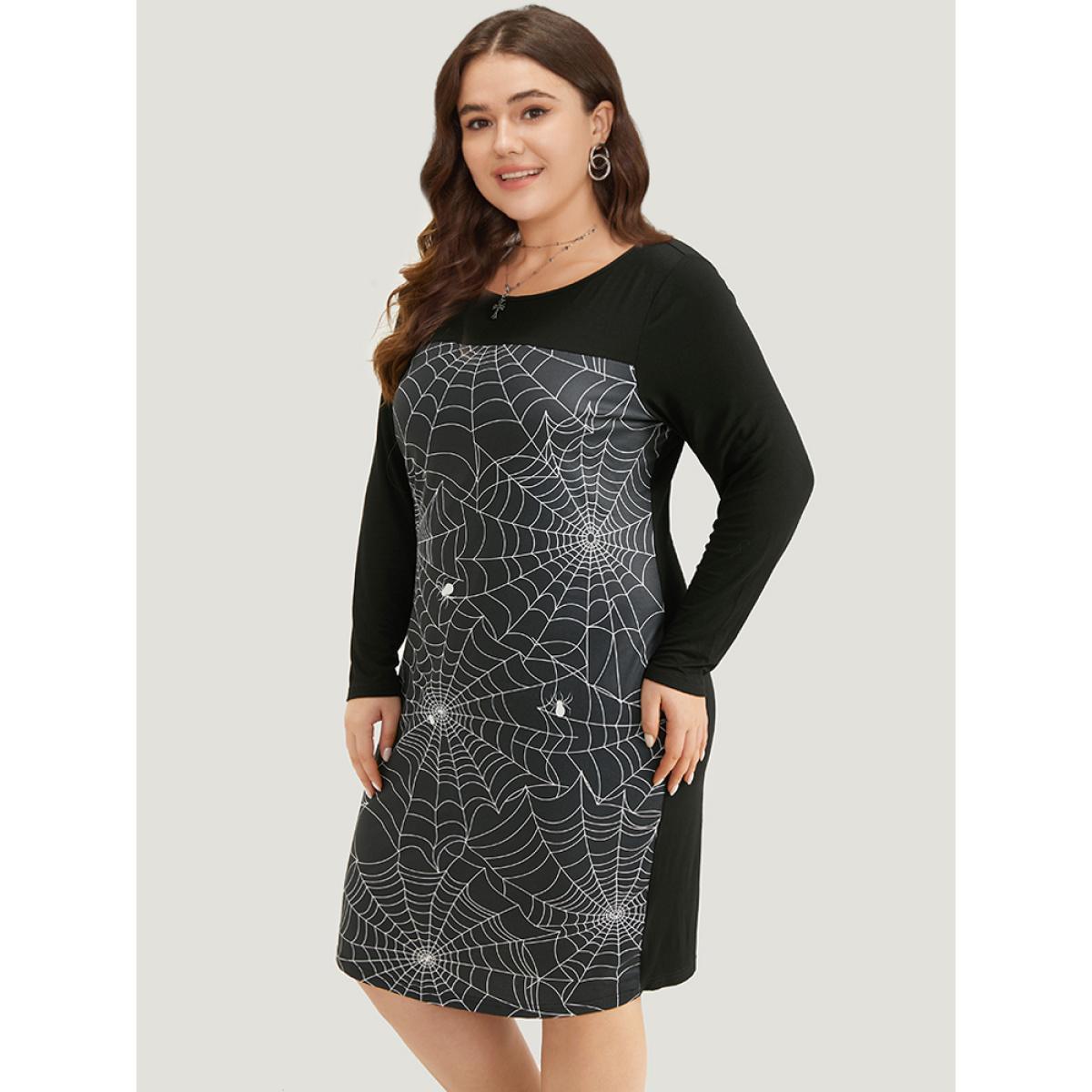Plus Size Halloween Spider Web Patchwork Crew Neck Dress BlackFlower Women Office Contrast Round Neck Long Sleeve Curvy Midi Dress BloomChic 28/5X Product Image