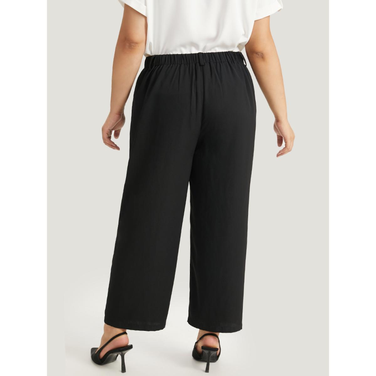 Plus Size Plain Pocket Elastic Waist High Rise Pants Women Black Office Straight Leg High Rise Work Pants BloomChic 26/4X Product Image
