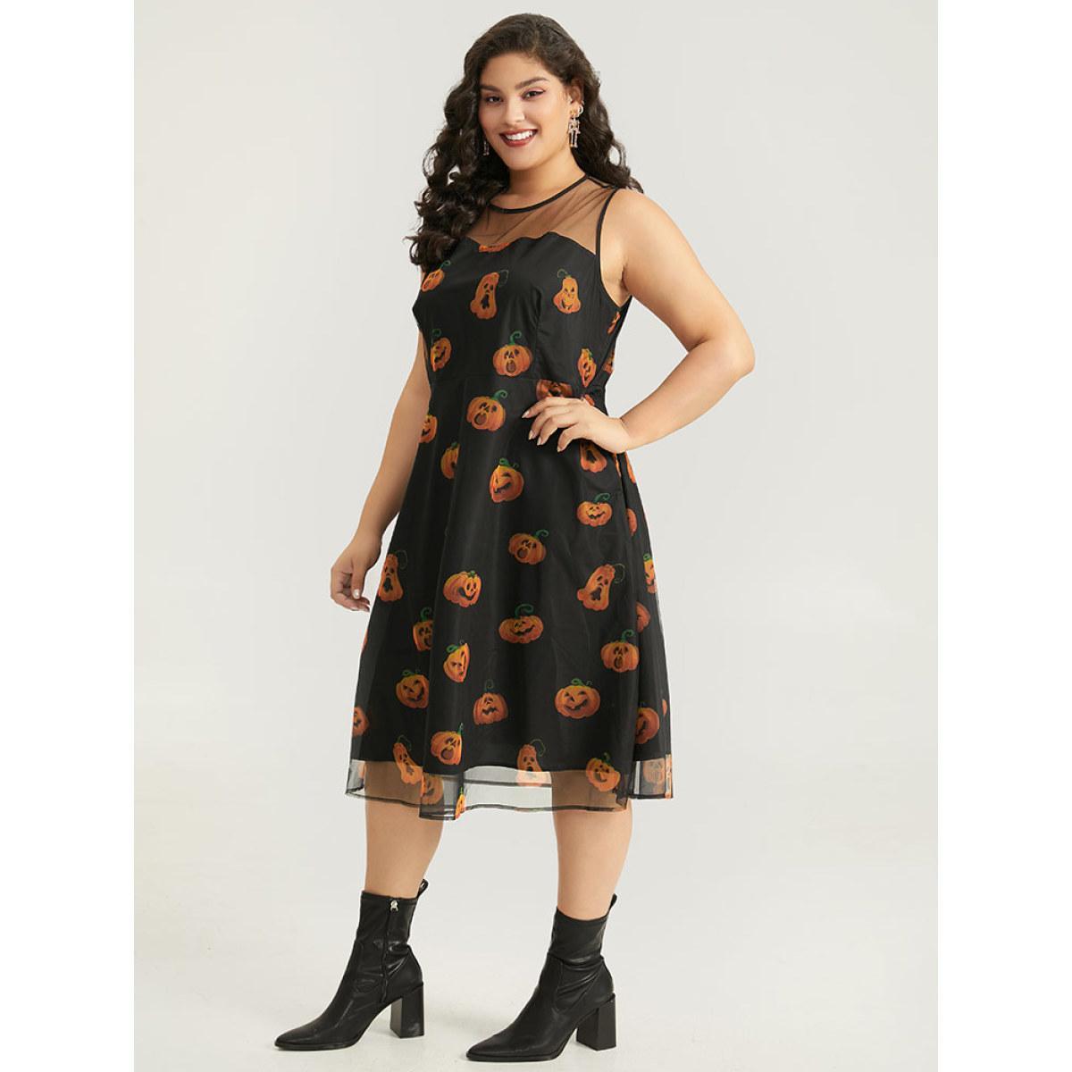 Plus Size Halloween Pumpkin Print Mesh Patchwork Tank Dress BlackFlower Women Elegant See through Round Neck Sleeveless Curvy Midi Dress BloomChic 30/6X Product Image