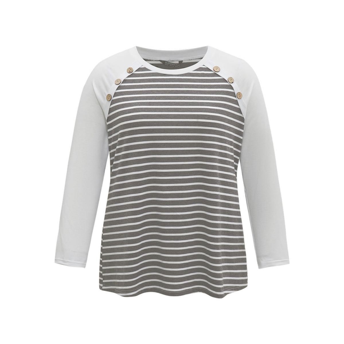 Plus Size Striped Patchwork Button Detail Raglan Sleeve T-shirt Gray Women Casual Patchwork Striped Round Neck Dailywear T-shirts BloomChic 18-20/2X Product Image