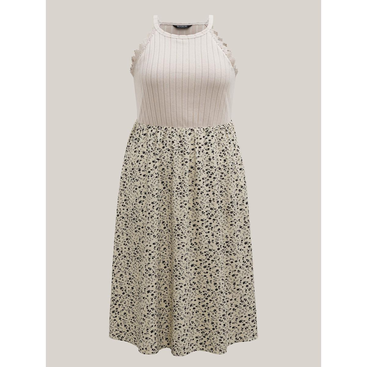 Plus Size Ditsy Floral Print Ribbed Midi Dress Beige Women Casual Woven ribbon&lace trim Knit Dresses Bloomchic 28/5X Product Image