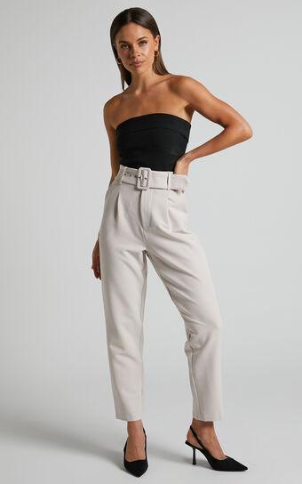 Milica Trousers - Belted High Waisted Trousers in Beige Product Image