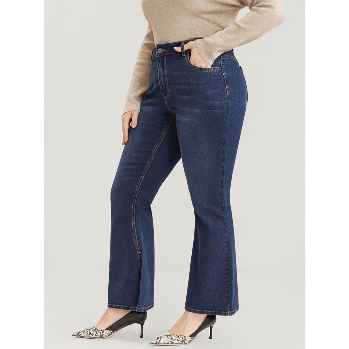 Plus Size Bootcut Very Stretchy High Rise Dark Wash Split Hem Jeans Women DarkBlue Casual Plain Pocket High stretch Side seam pocket Jeans BloomChic 10/M Product Image