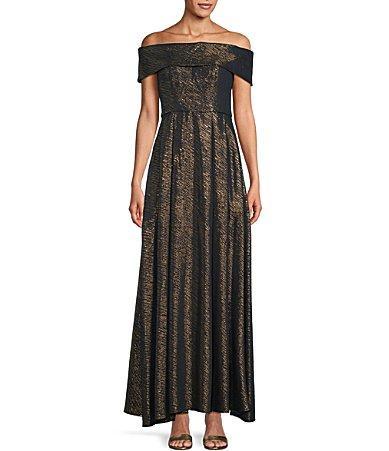 Alex Evenings Stretch Jacquard Off The Shoulder Ballgown with Full Skirt and Pockets Gold) Women's Dress Product Image