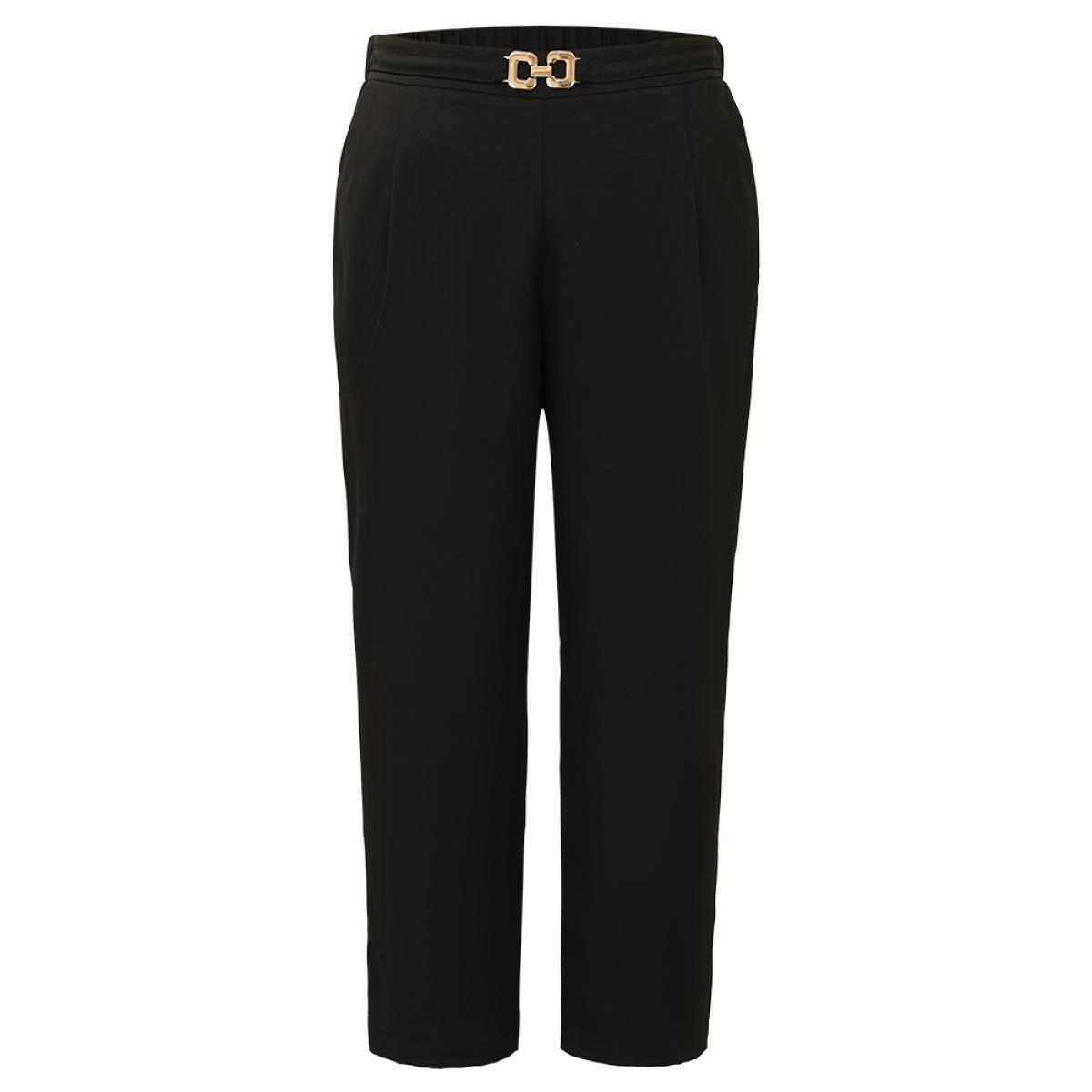 Plus Size Solid Metal Detail High Rise Straight Leg Pants Women Black Office Bodycon High Rise Work Pants BloomChic 28/5X Product Image