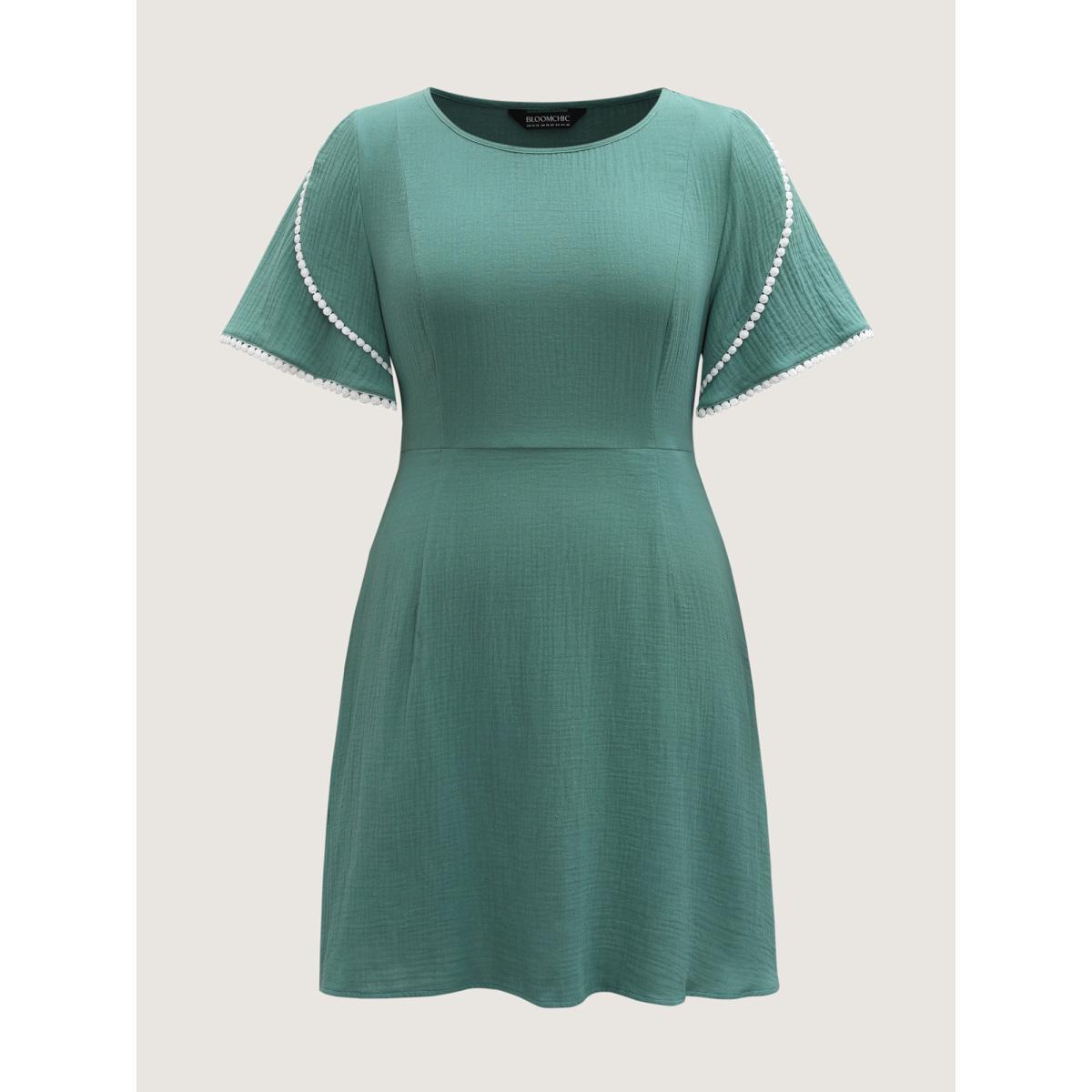 Plus Size Pure Cotton Textured Lace Trim Midi Dress Emerald Women Round Neck Short sleeve Curvy BloomChic 18-20/2X Product Image