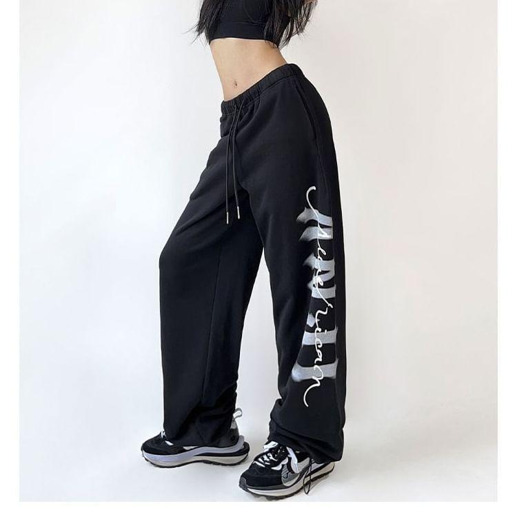Drawstring Waist Lettering Wide Leg Sweatpants Product Image