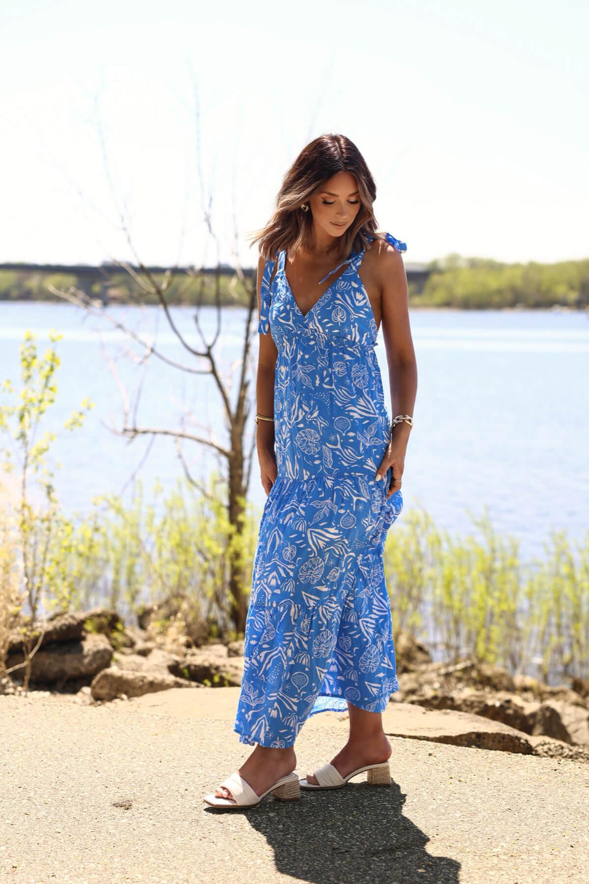 Blue and White Print Tiered Maxi Dress - FINAL SALE Product Image