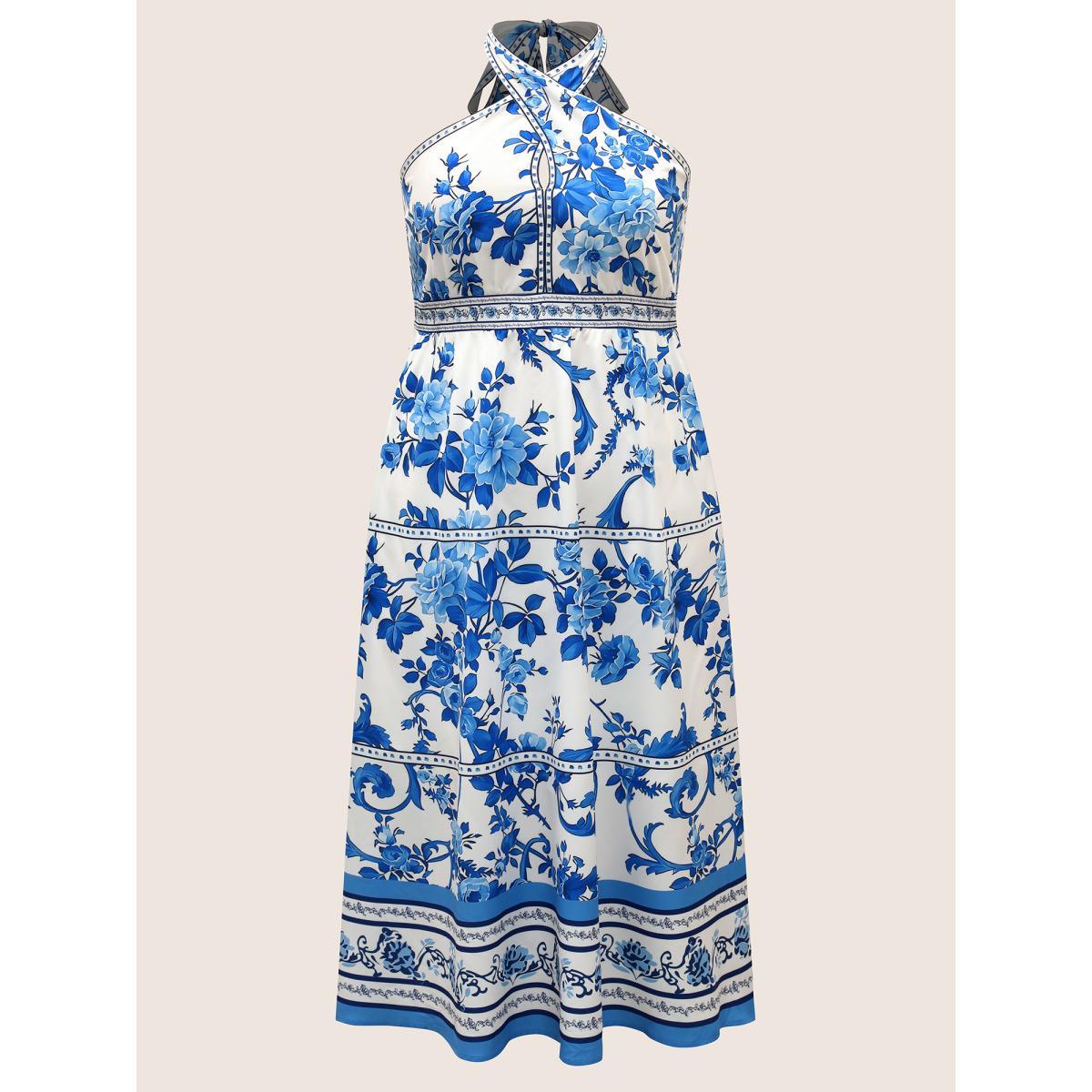Plus Size Boho Print Halter Neck Shirred Tie Knot Dress LightBlue Women Elegant Tie knot Halter neck Sleeveless Curvy BloomChic 12/L Product Image