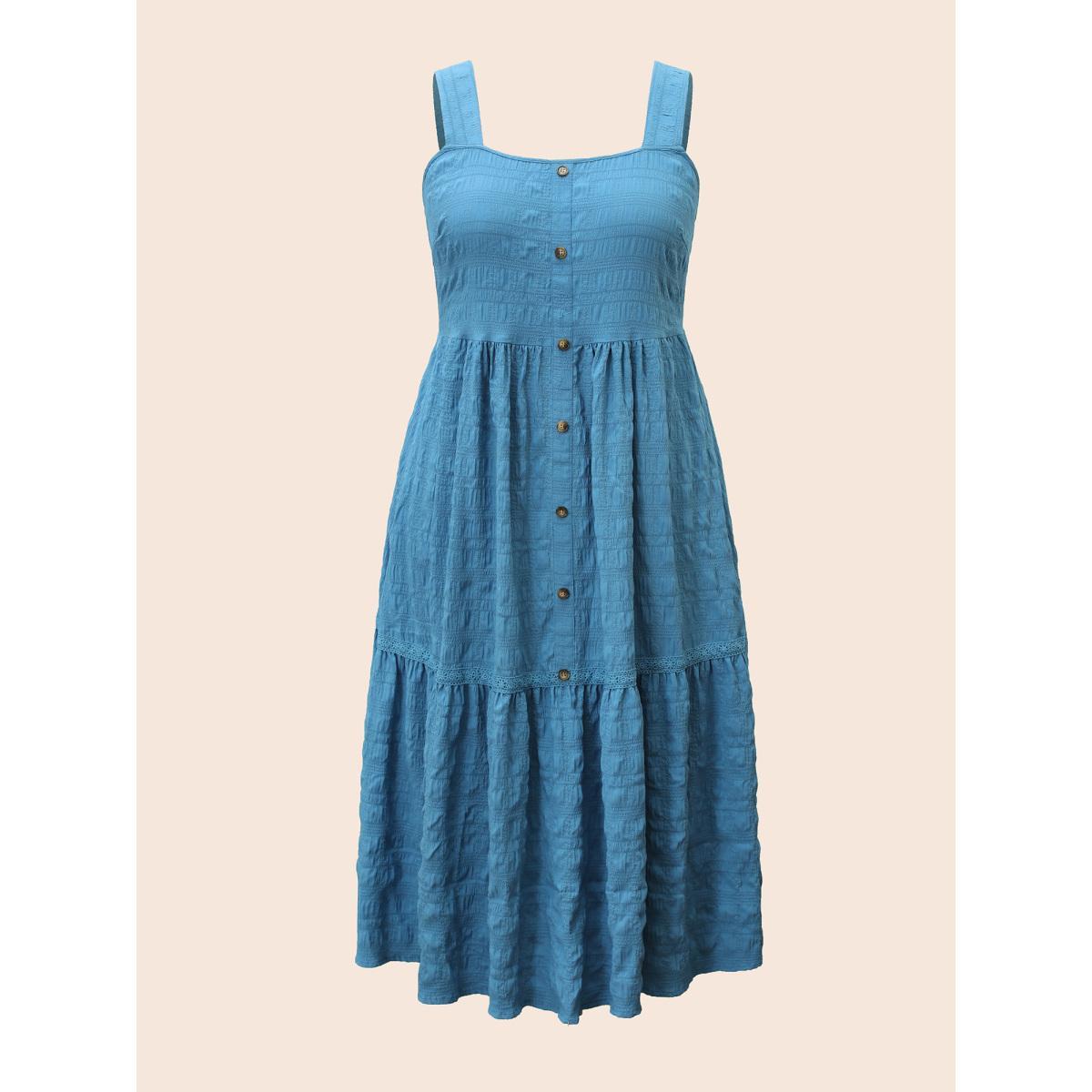 Plus Size Textured Button Detail Ruffle Layered Hem Dress Mediumblue Women Elegant Woven ribbon&lace trim Square Neck Sleeveless Curvy BloomChic 30/6X Product Image