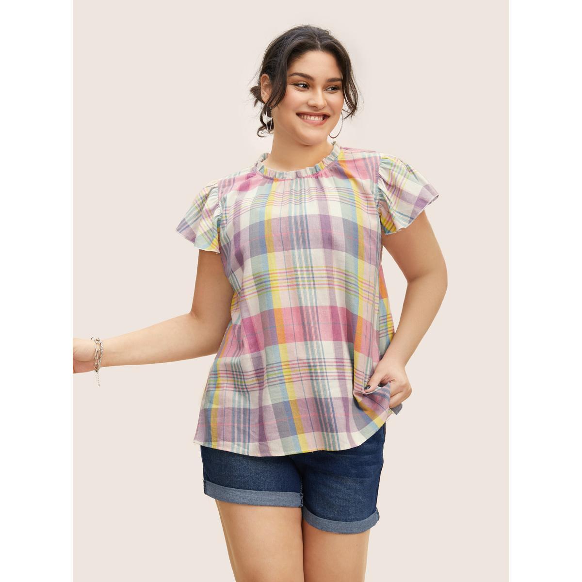 Plus Size Multicolor Crew Neck Colored Plaid Split Hem Blouse Women Casual Cap Sleeve Round Neck Everyday Blouses BloomChic 14-16/1X Product Image