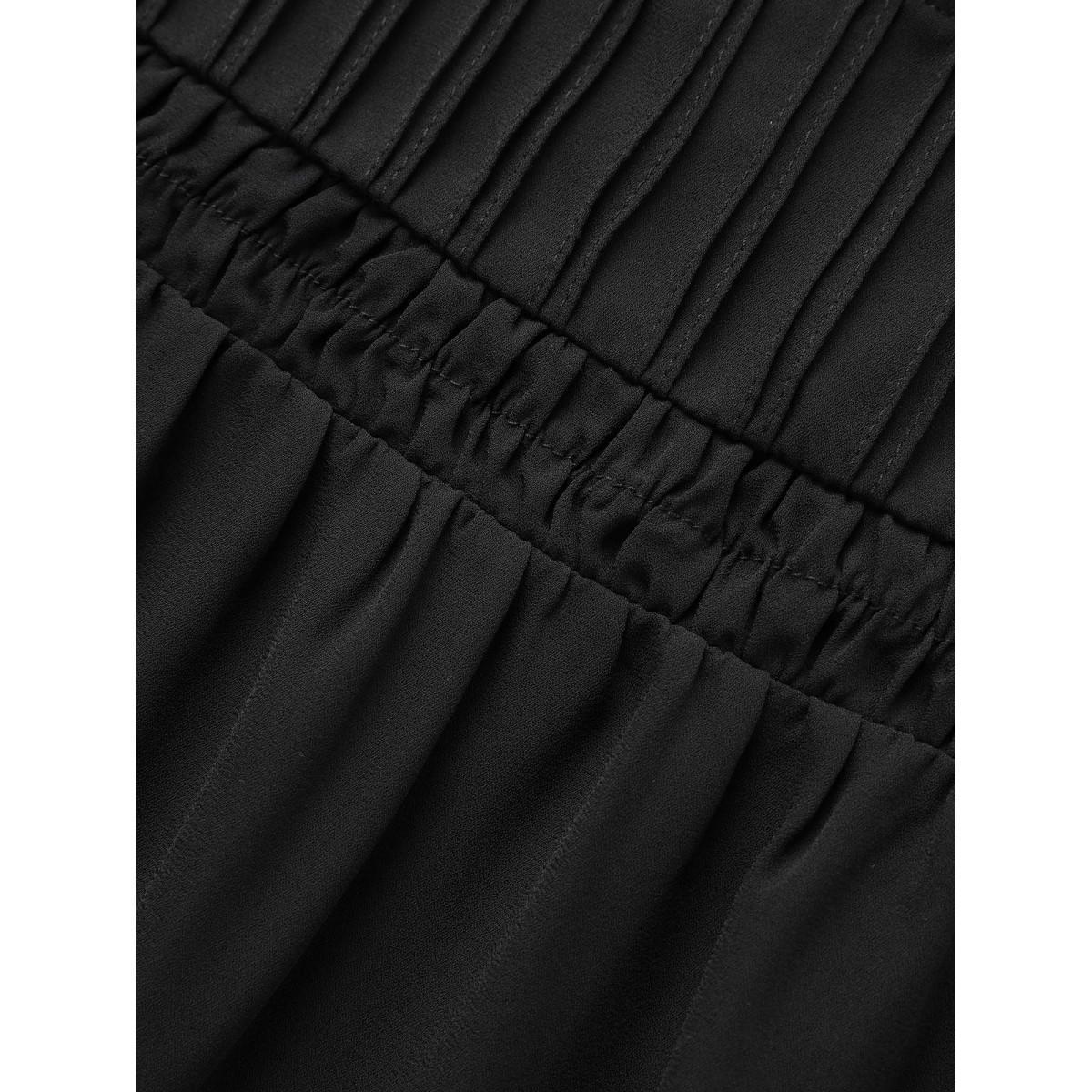 Plus Size DarkGreen Anti-Wrinkle Shirred Ruffle Sleeve Mesh Frill Trim Blouse Women Office Short sleeve Stand-up collar Work Blouses BloomChic 30/6X Product Image